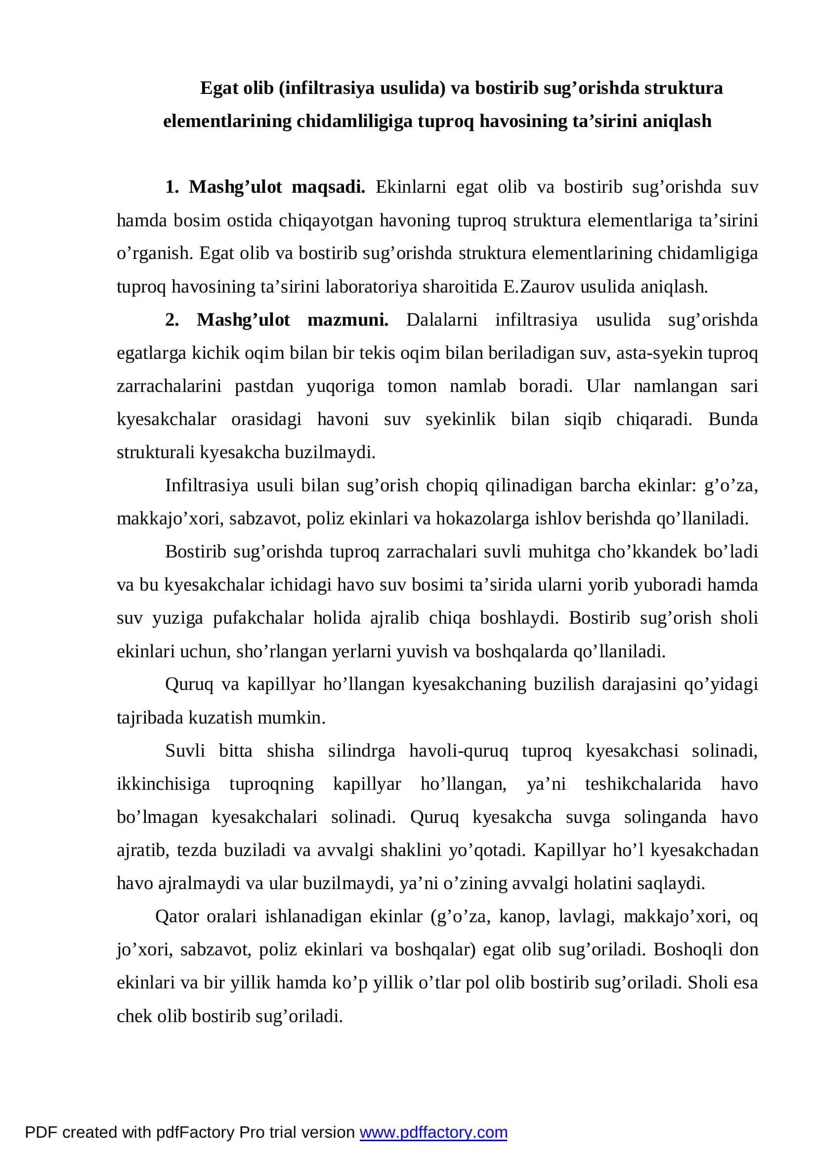 Egat olib (infiltrasiya usulida) va bostirib sug’orishda struktura elementlarining chidamliligiga tuproq havosining ta’sirini aniqlash 2