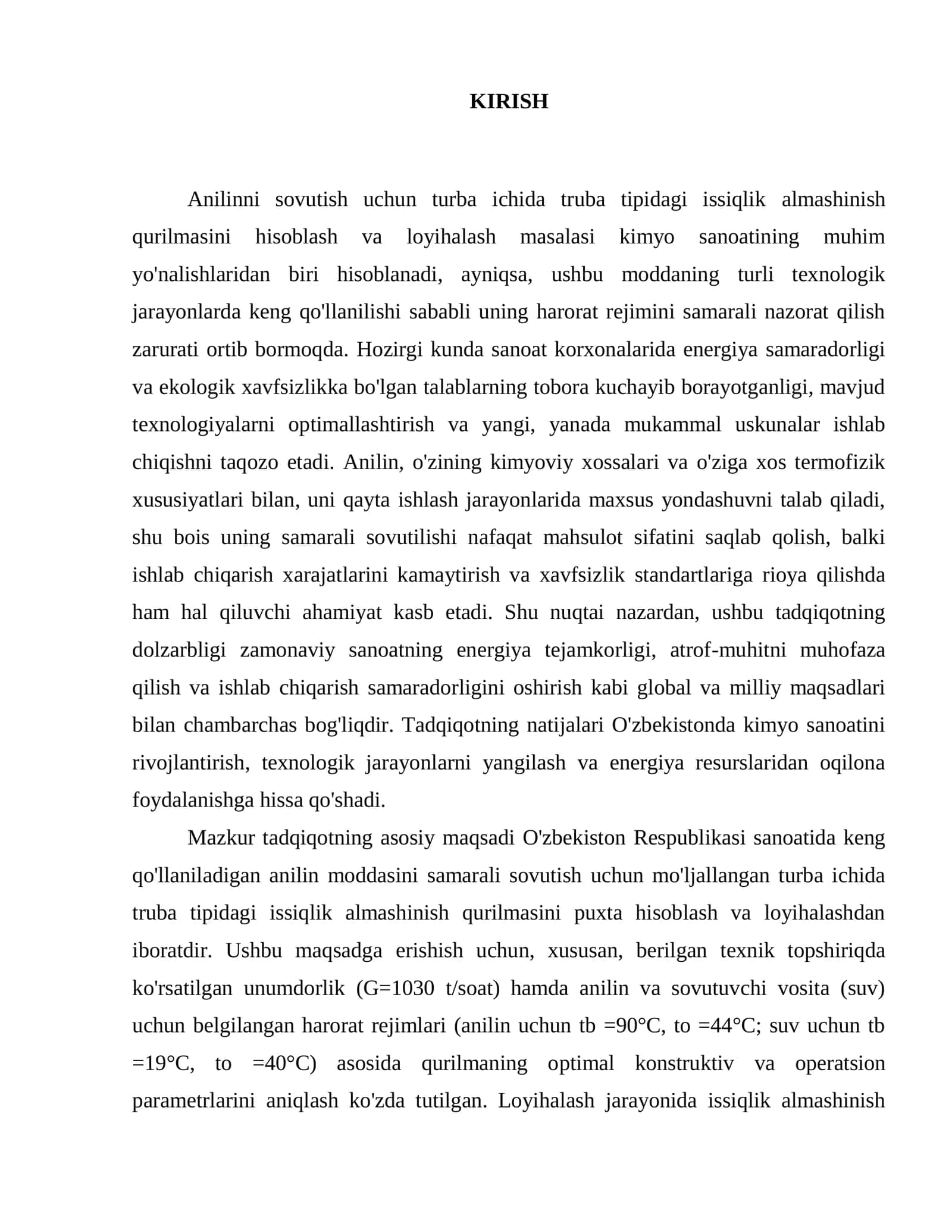Anilinni sovutish uchun turba ichida truba tipidagi issiqlik almashinish qurilmasini hisoblash va loyihalash 2