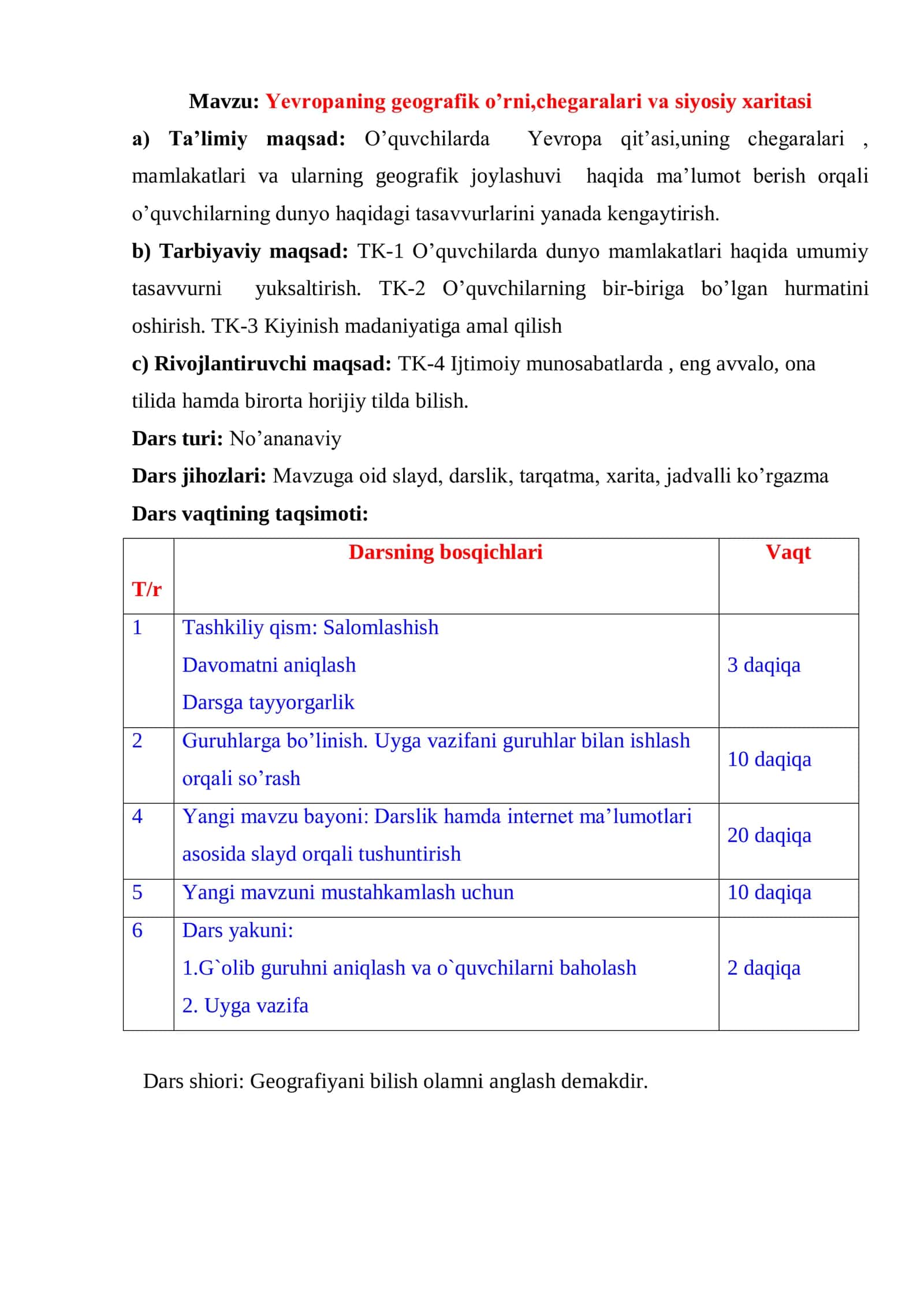 9-sinf Geografiya fanidan Yevropaning geografik o'rni, chegaralari va siyosiy xaritasi ochiq dars ishlanma 2