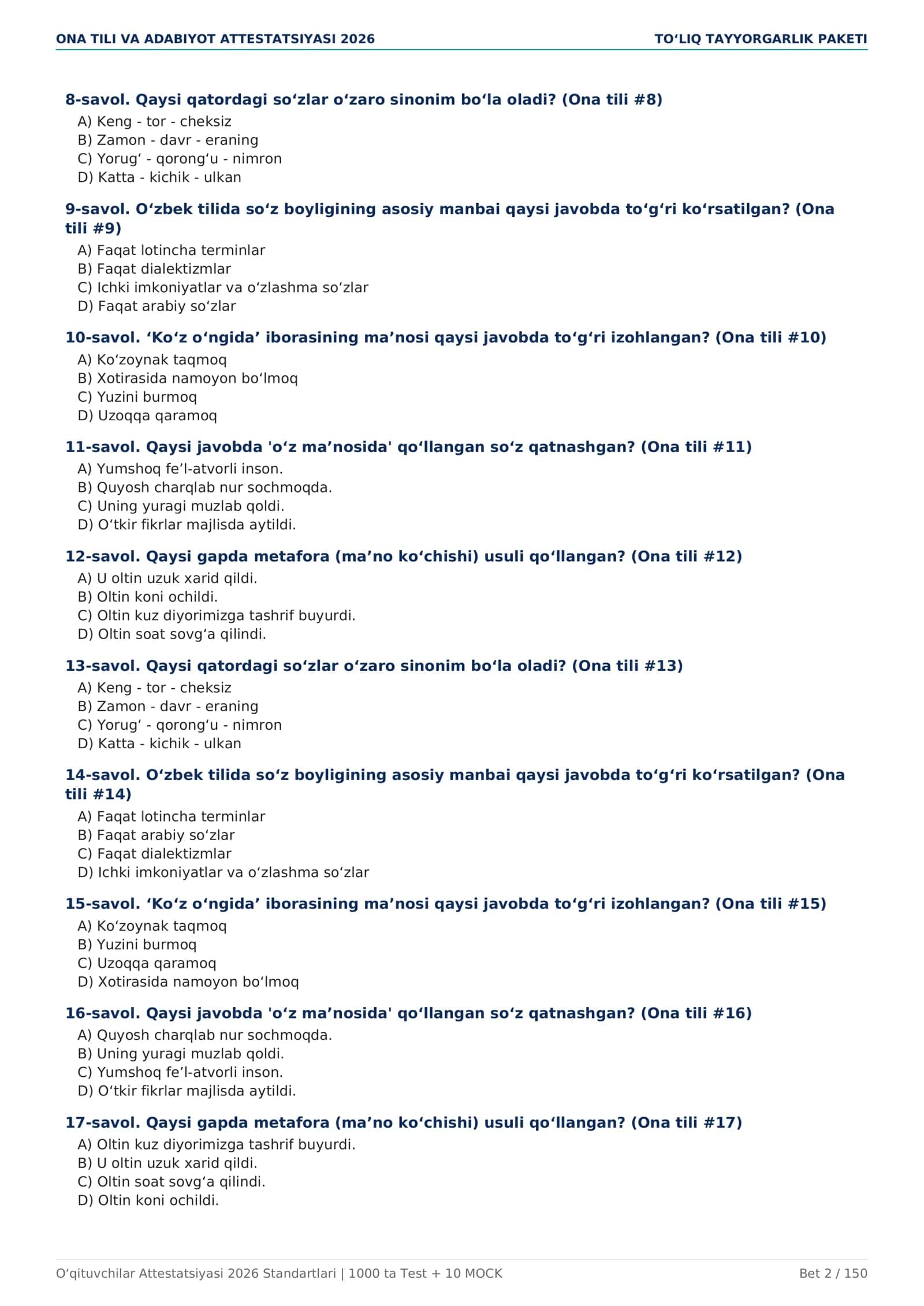 ONA TILI VA ADABIYOT ATTESTATSIYASI 2026 — 1000 TA TEST + 10 MOCK 2