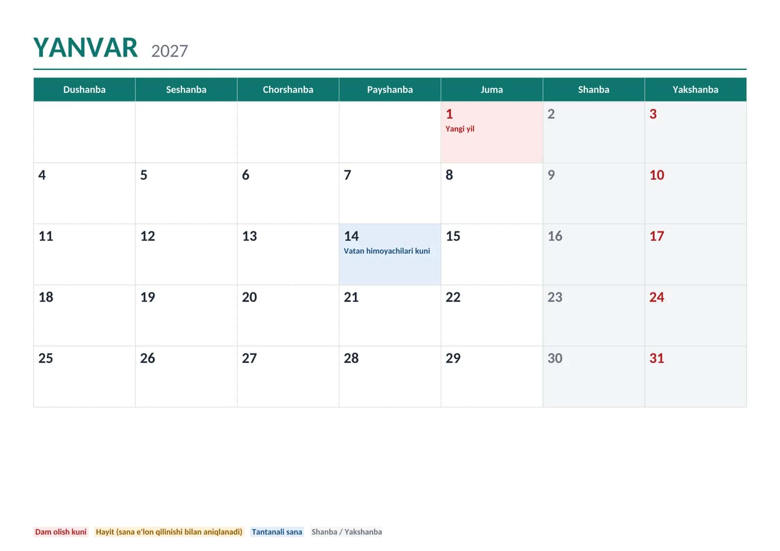 YILLIK KALENDAR 2