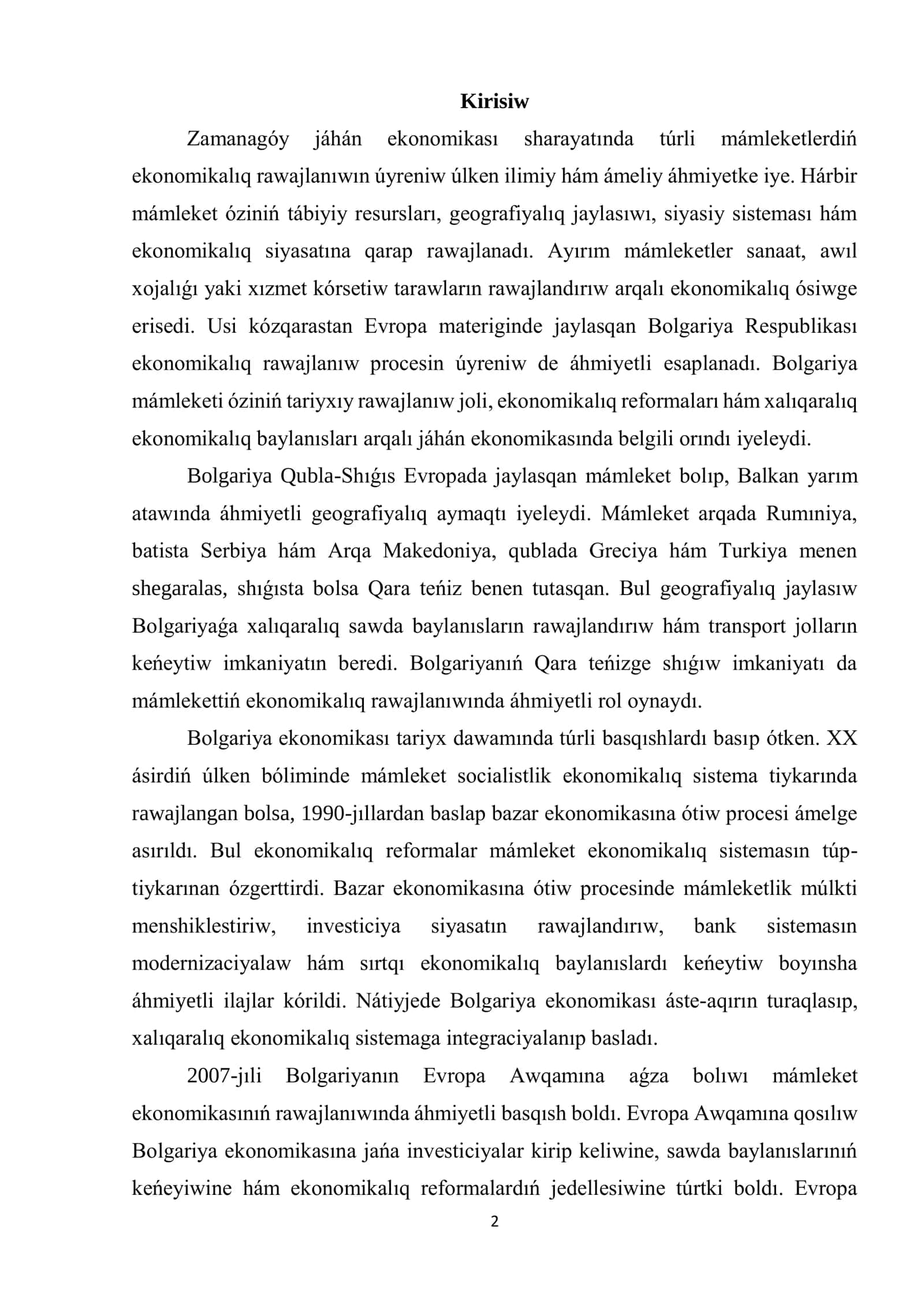 Bolgariya mamleketinin ekonomikalıq rawajlanıwı 2