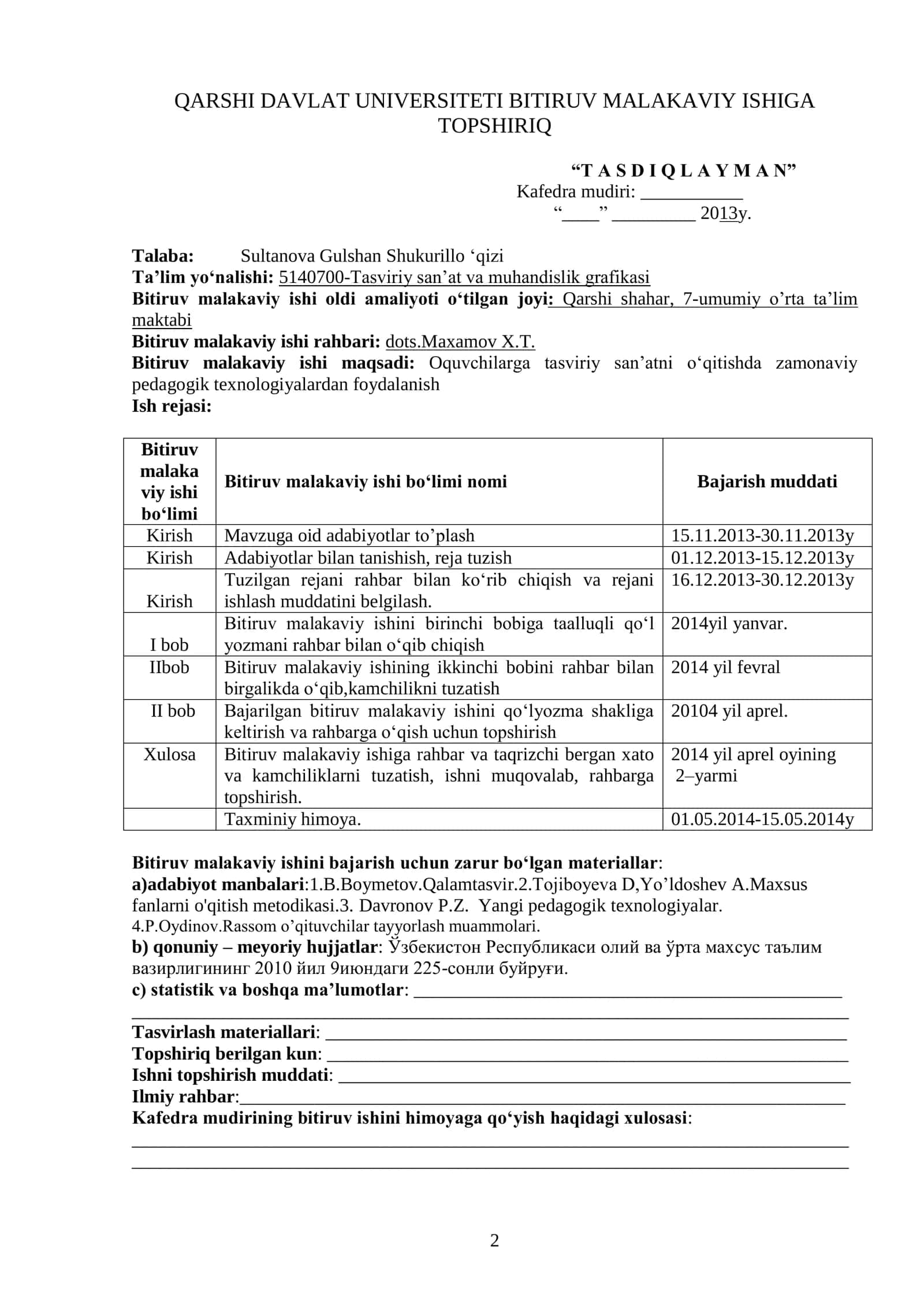 Oquvchilarga tasviriy sanatni oqitishda zamonaviy pedagogik texnologiyalardan foydalanish mavzusida yozgan BITIRUV MALAKAVIY ISHI 2