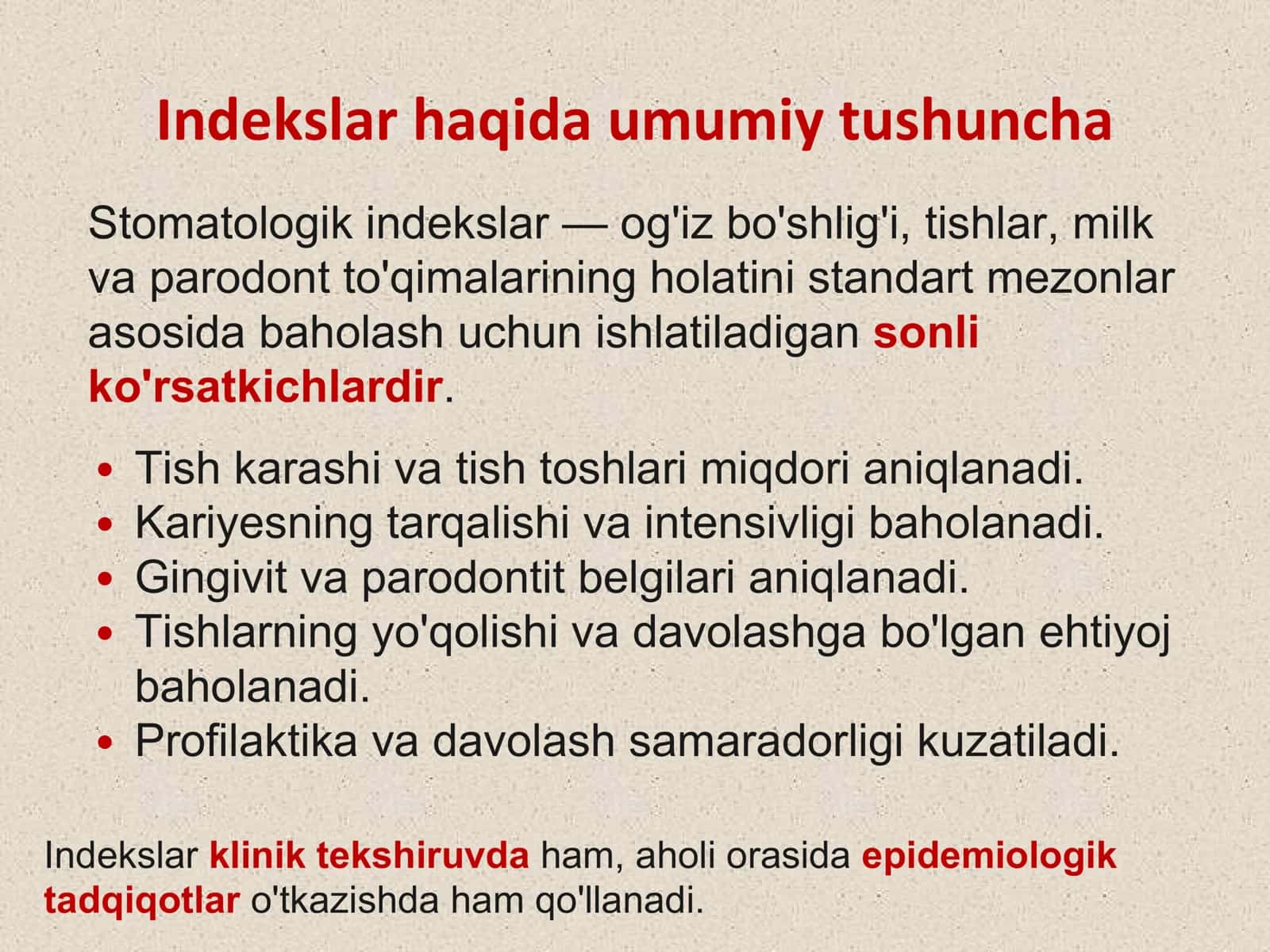 Og‘iz bo‘shlig‘i gigienasi indeksi ko‘rsatkichlari. JSST kriteriylari 2