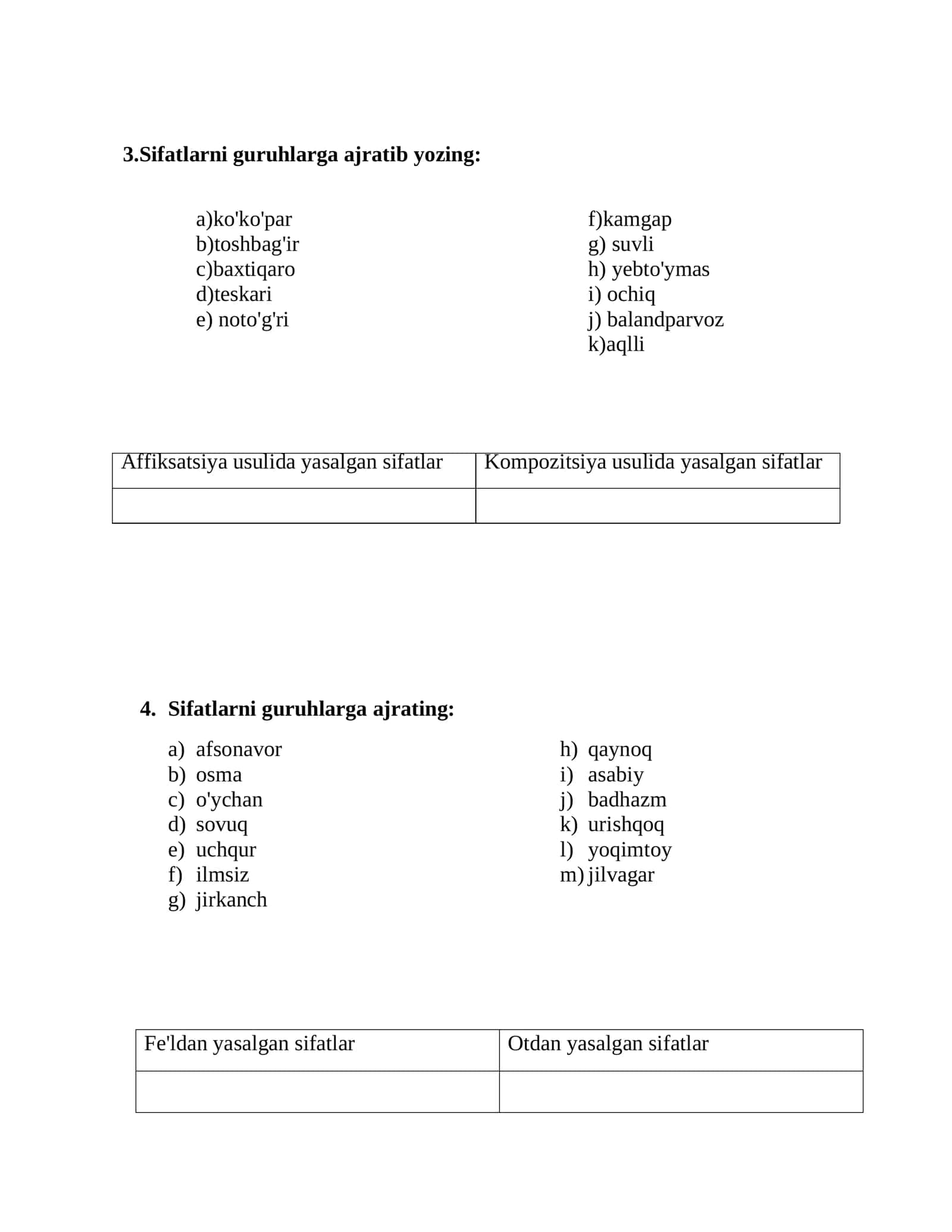 Sifat so'z turkumiga oid nostandart testlar 2