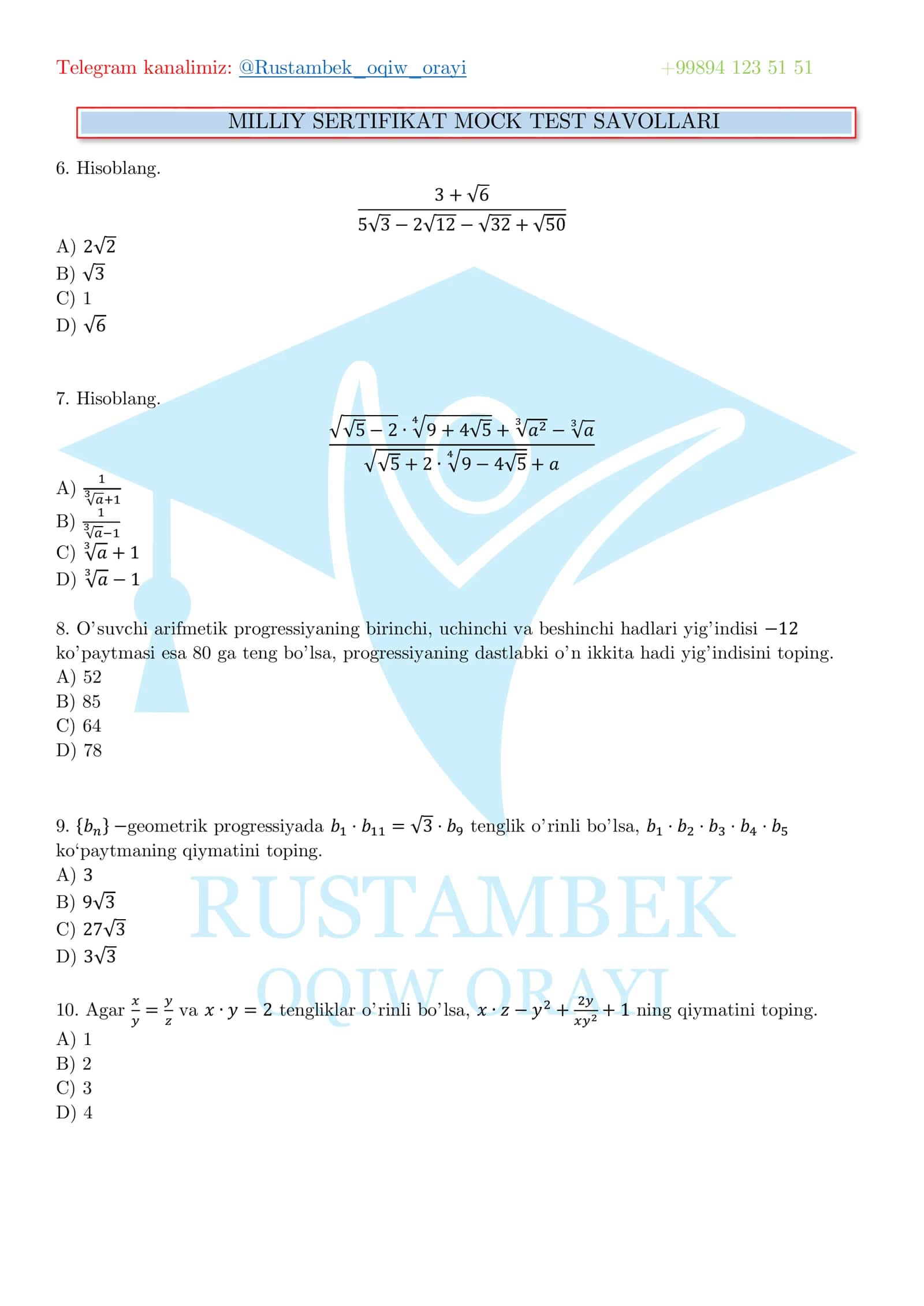 MILLIY SERTIFIKAT TESTI MATEMATIKA 2