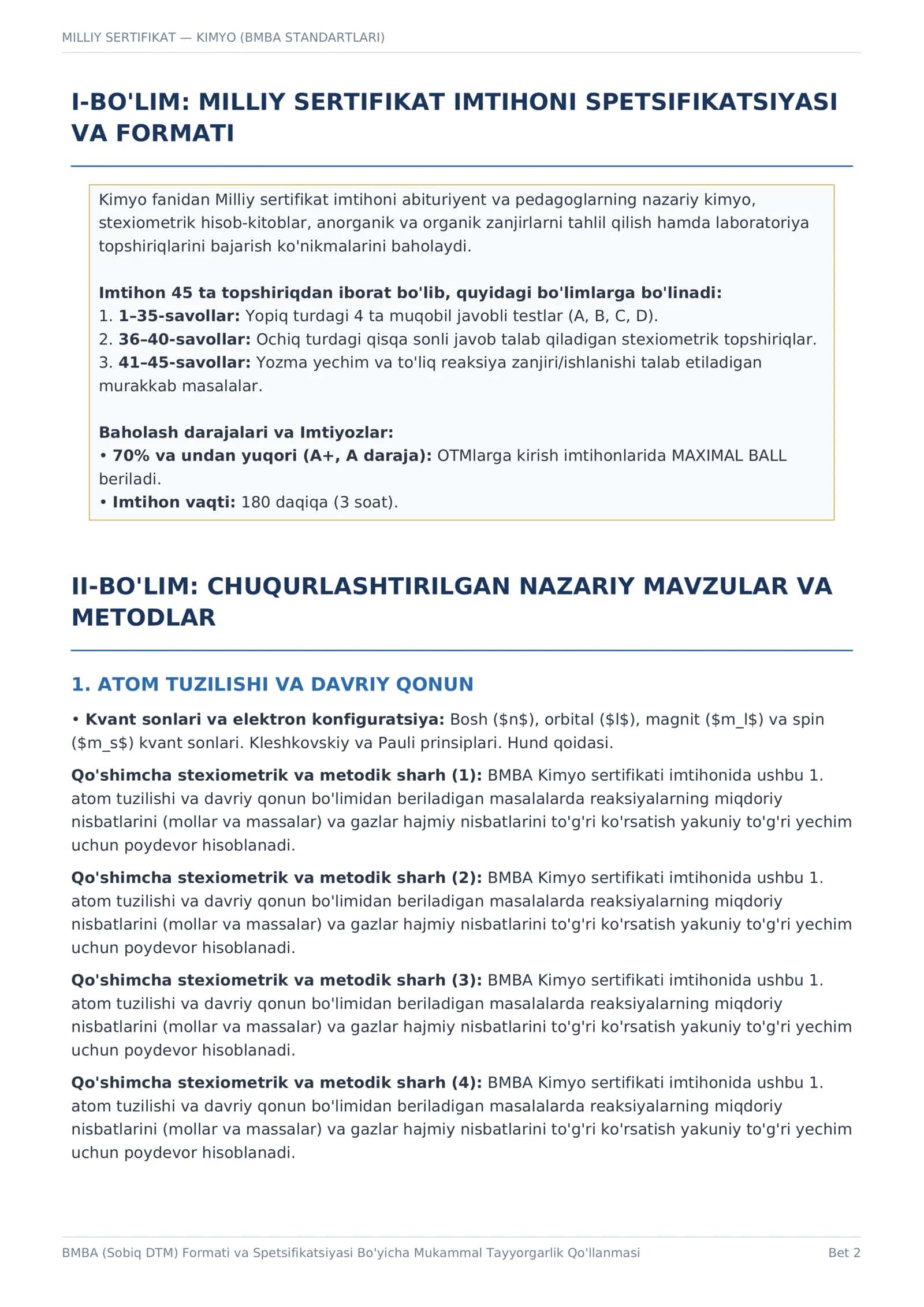 KIMYO MUKAMMAL ENSIKLOPEDIK TAYYORGARLIK QO'LLANMASI VA 100 TA SPETSIFIKATSION TEST 2