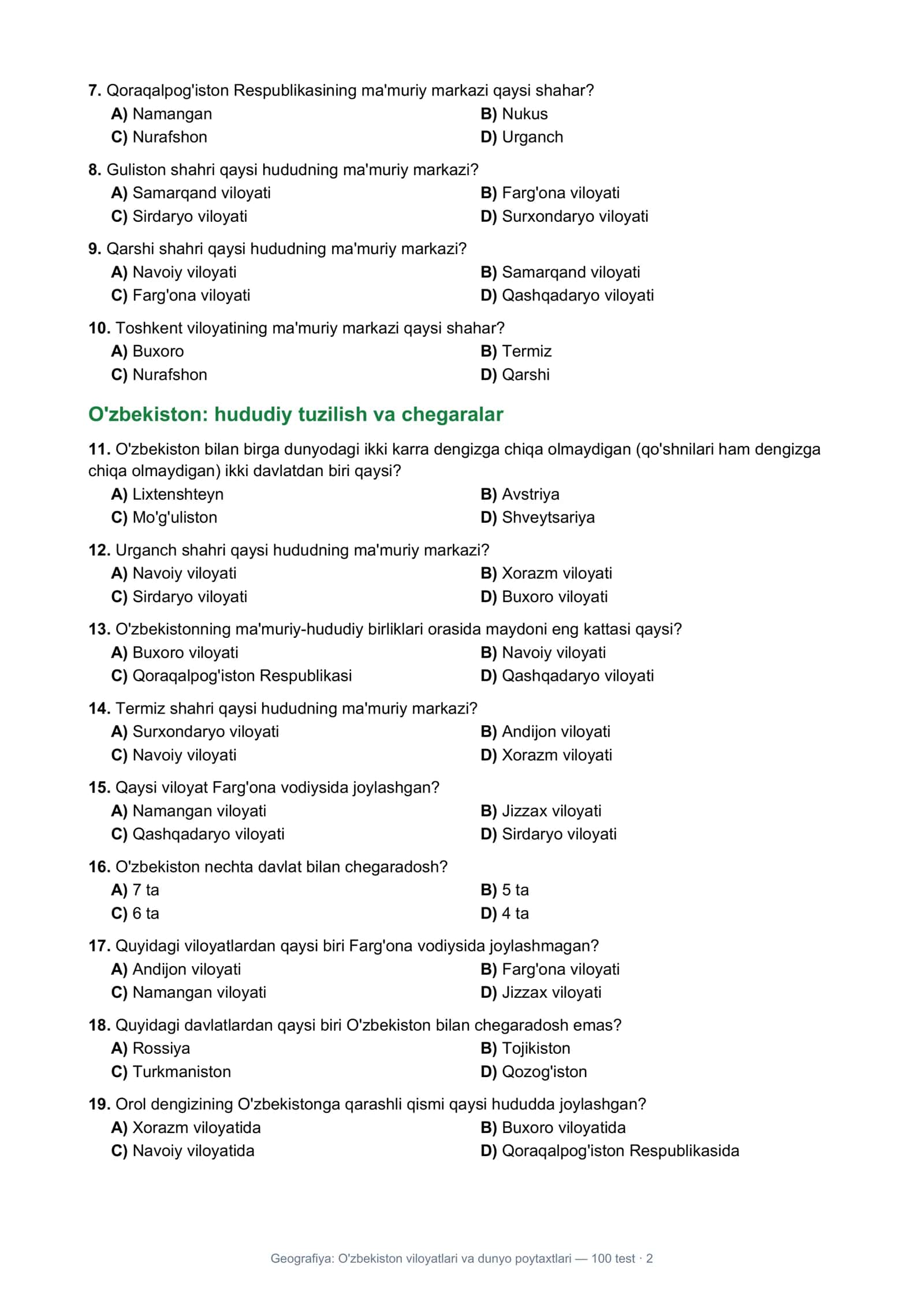 Geografiya: O'zbekiston viloyatlari va dunyo poytaxtlari — 100 test 2