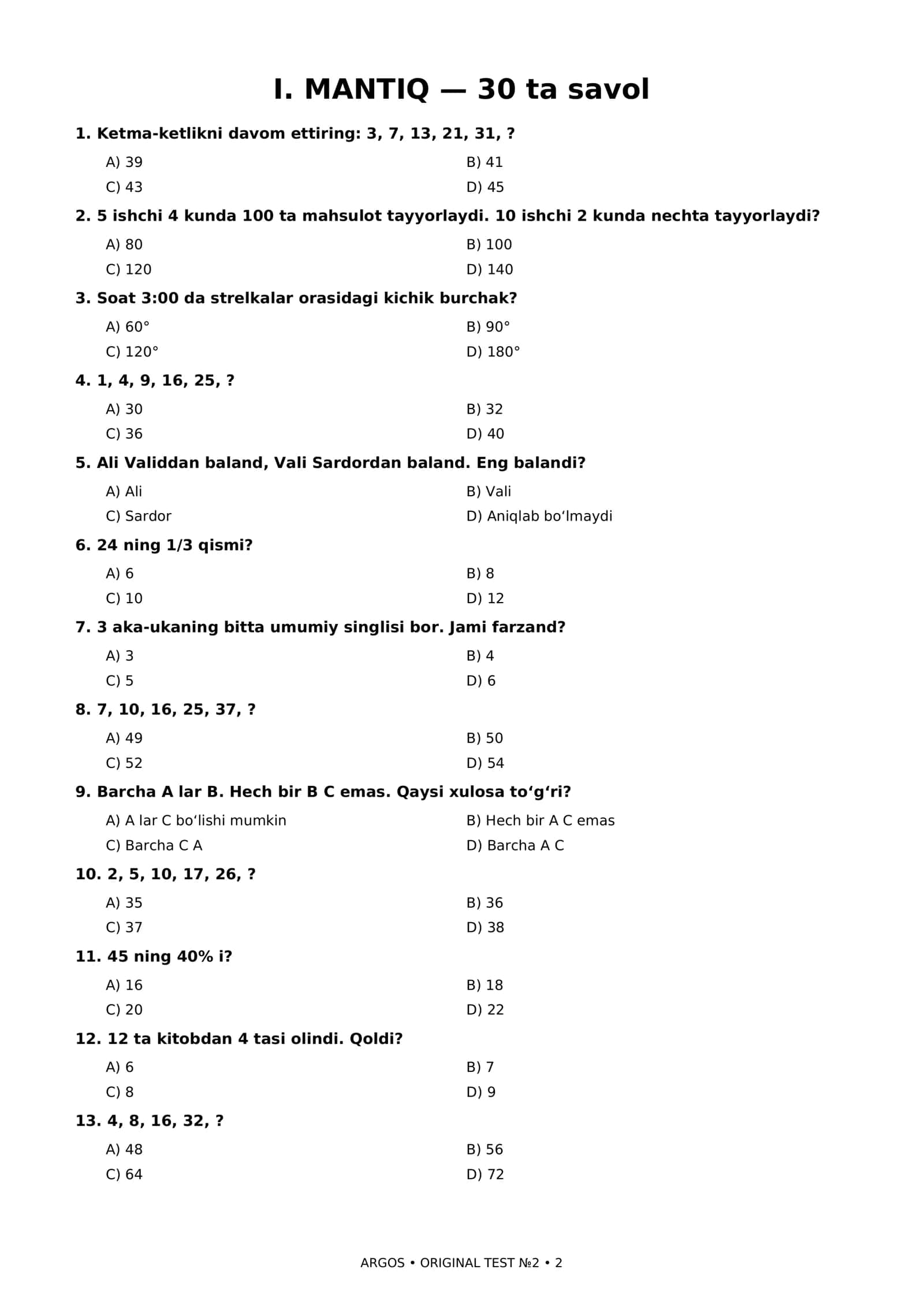 📚ARGOS imtihoniga tayyorgarlik — 100 ta ORIGINAL test №2 | Mantiq + Qonunchilik + IT 2