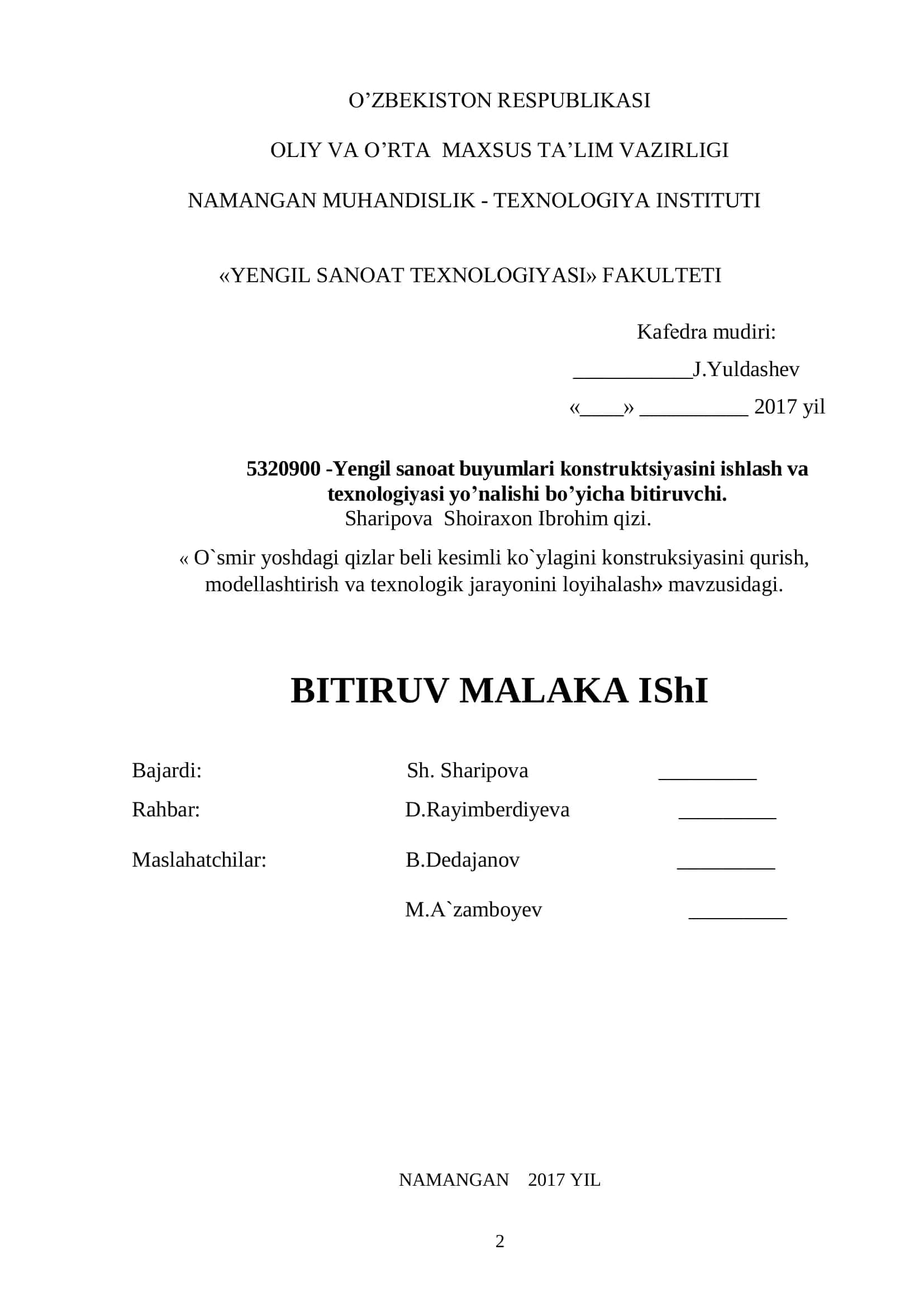 Yengil sanоat buyumlari kоnstruktsiyasini ishlash va texnоlоgiyasi yo’nalishi bo’yicha bitiruvchi 2