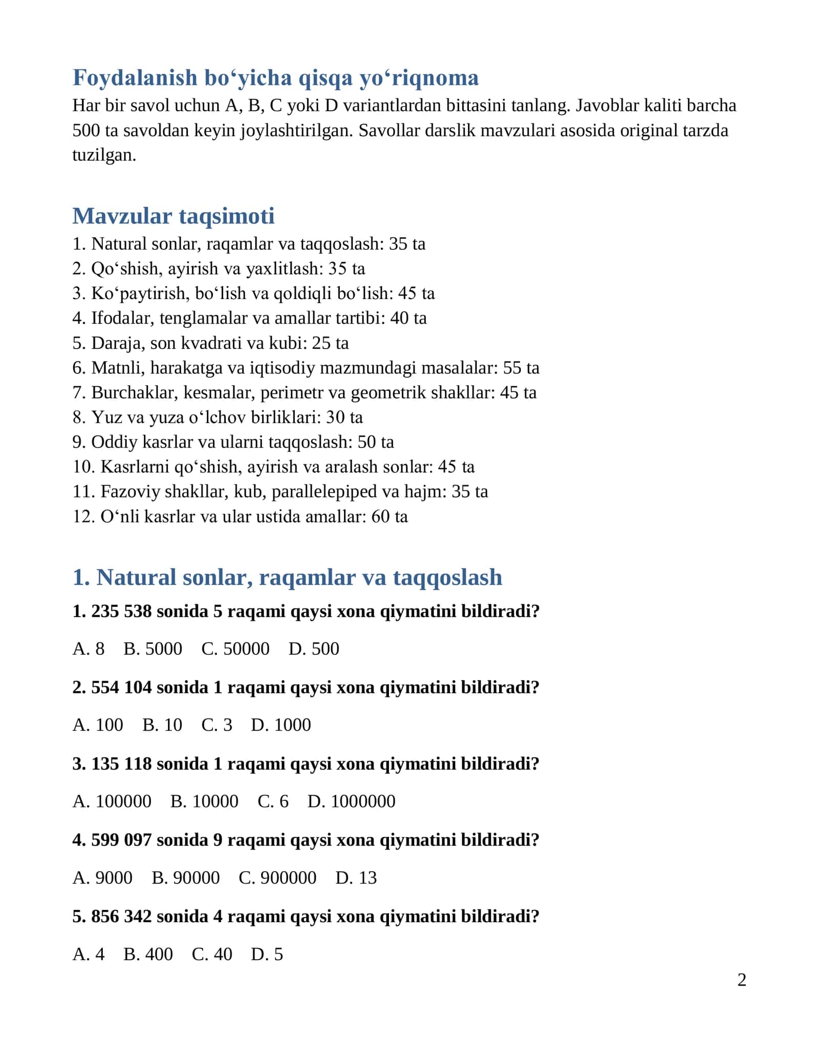 5-sinf matematika: 500 ta test javoblari bilan 2