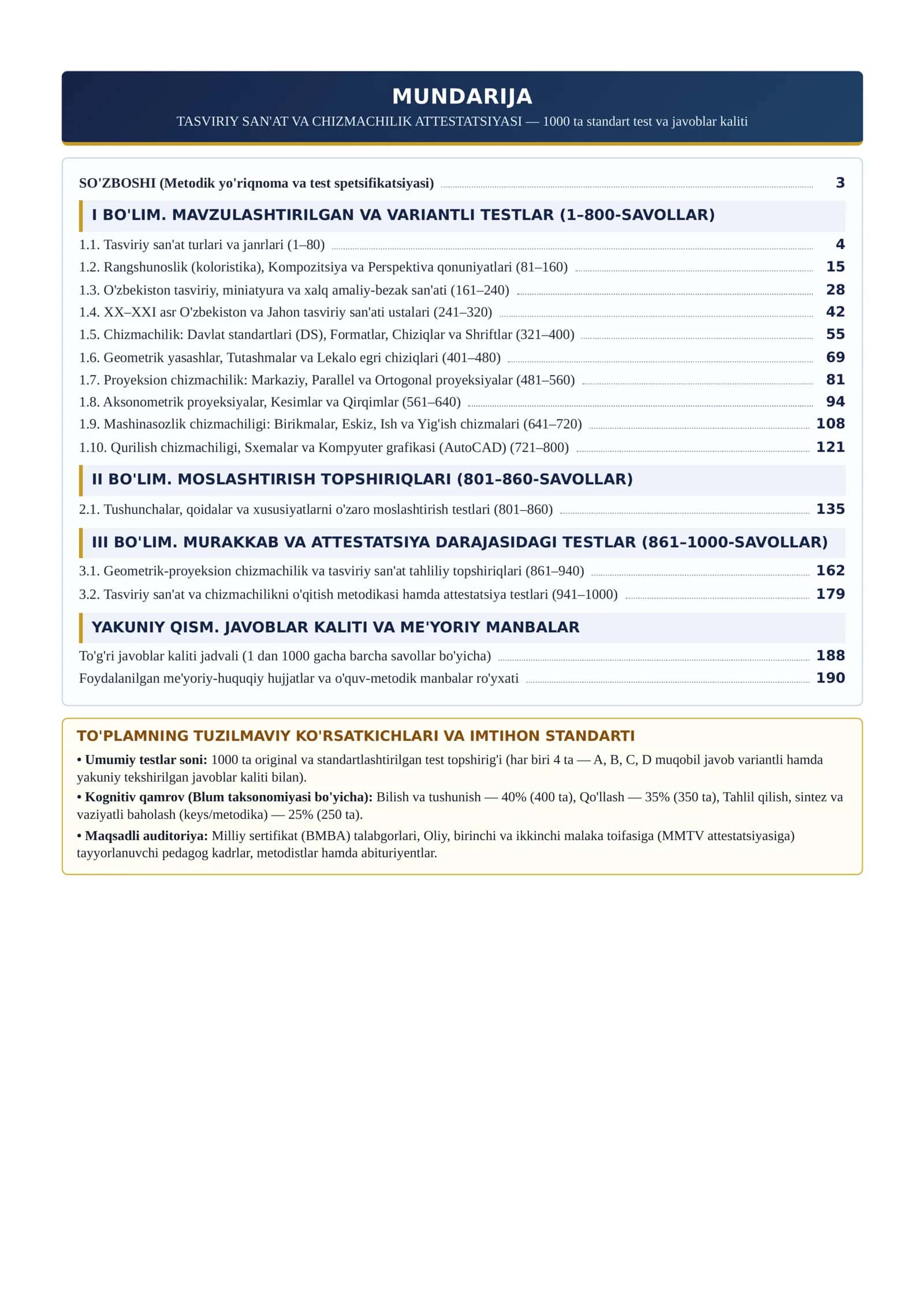TASVIRIY SAN'AT VA CHIZMACHILIK MILLIY SERTFIKAT VA ATTESTATSIYASI TESTLARI VA JAVOBLARI. 1000 TA. 2