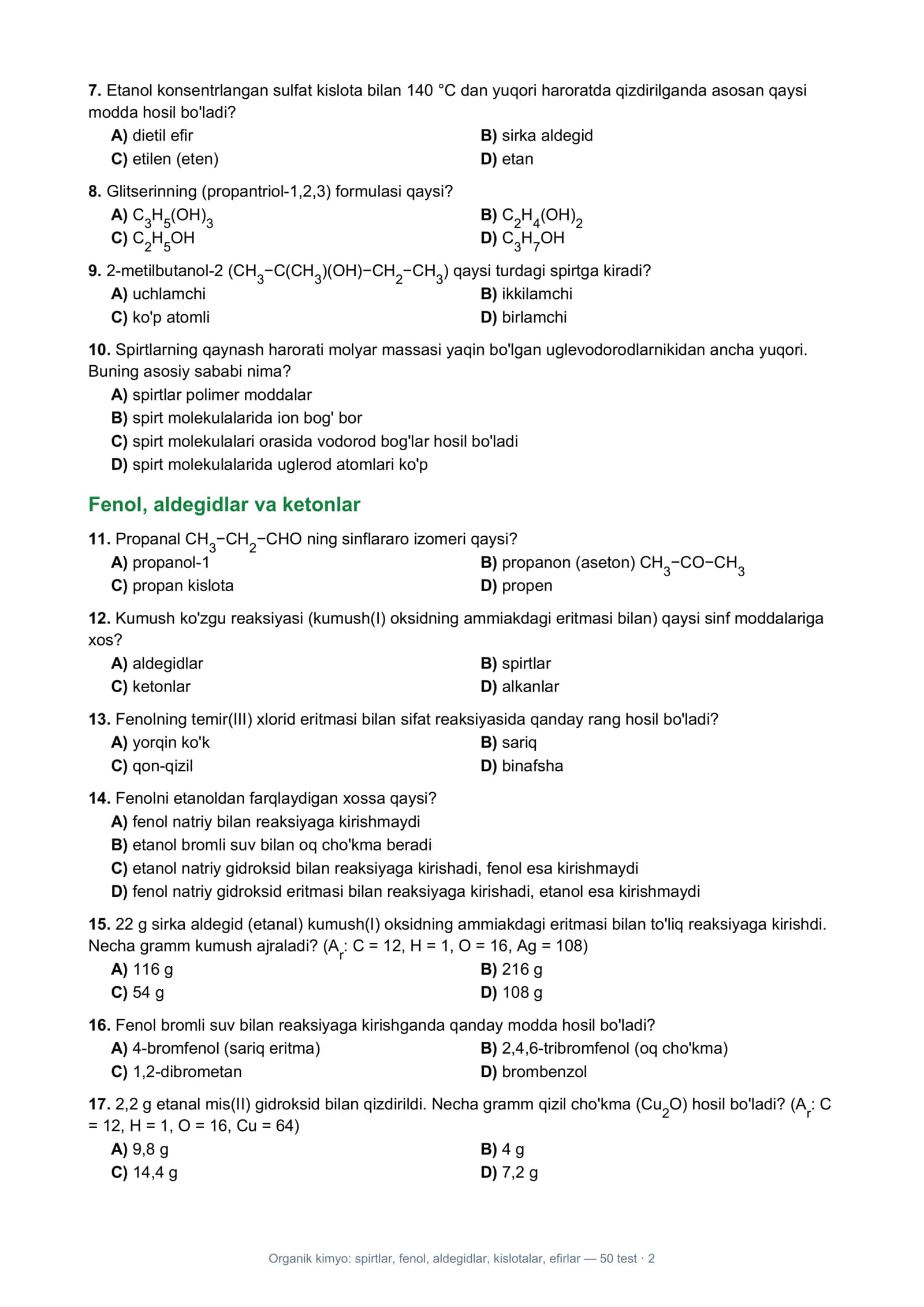Organik kimyo: spirtlar, fenol, aldegidlar, kislotalar, efirlar — 50 test · 1 2