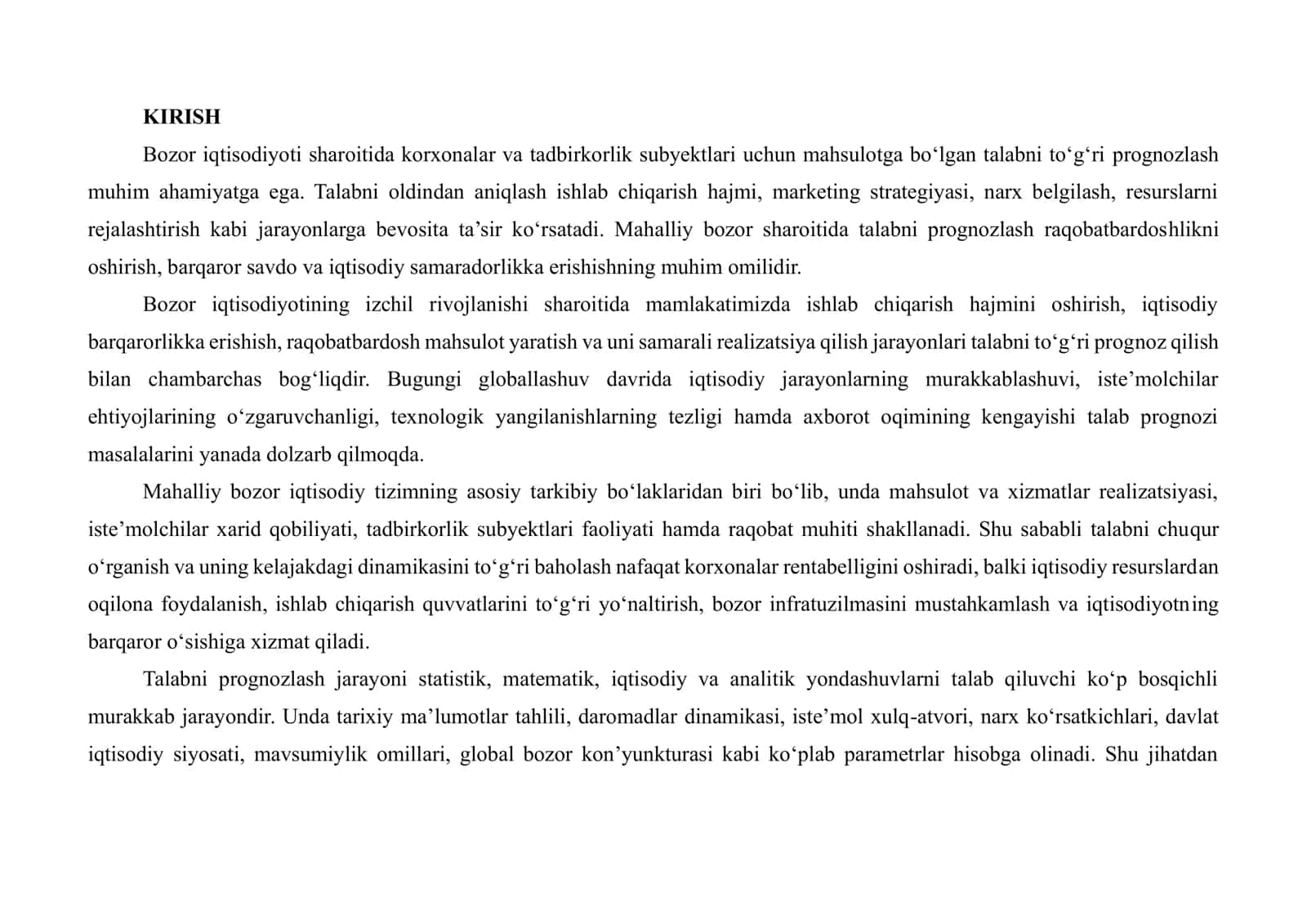 MAHALLIY BOZORIDA TALABNI PROGNOZ QILISH VA BERILGAN MASALAGA ANIQ YECHIMLAR ISHLAB CHIQISH 2