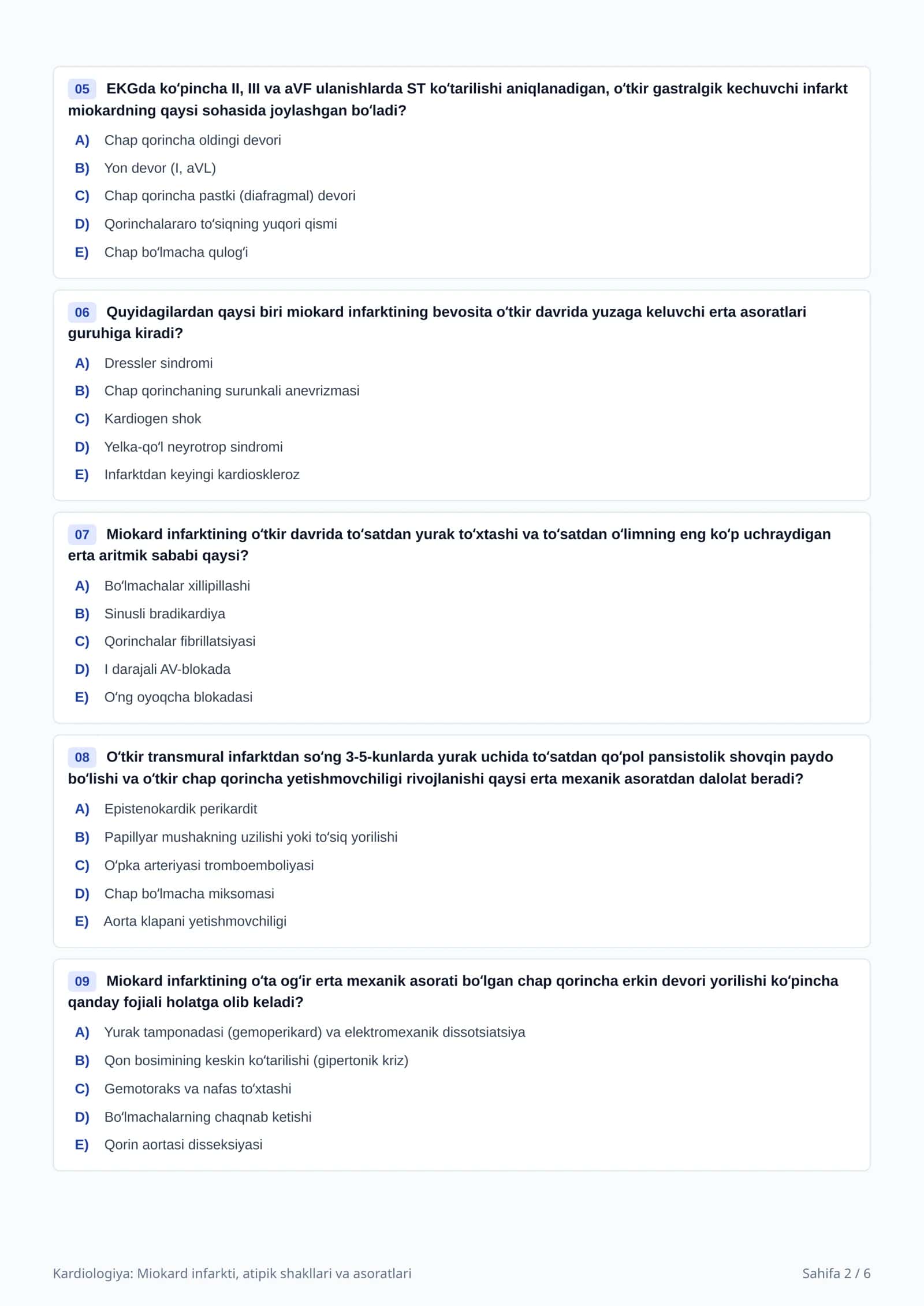 Miokard Infarkti: Test Savollari 2