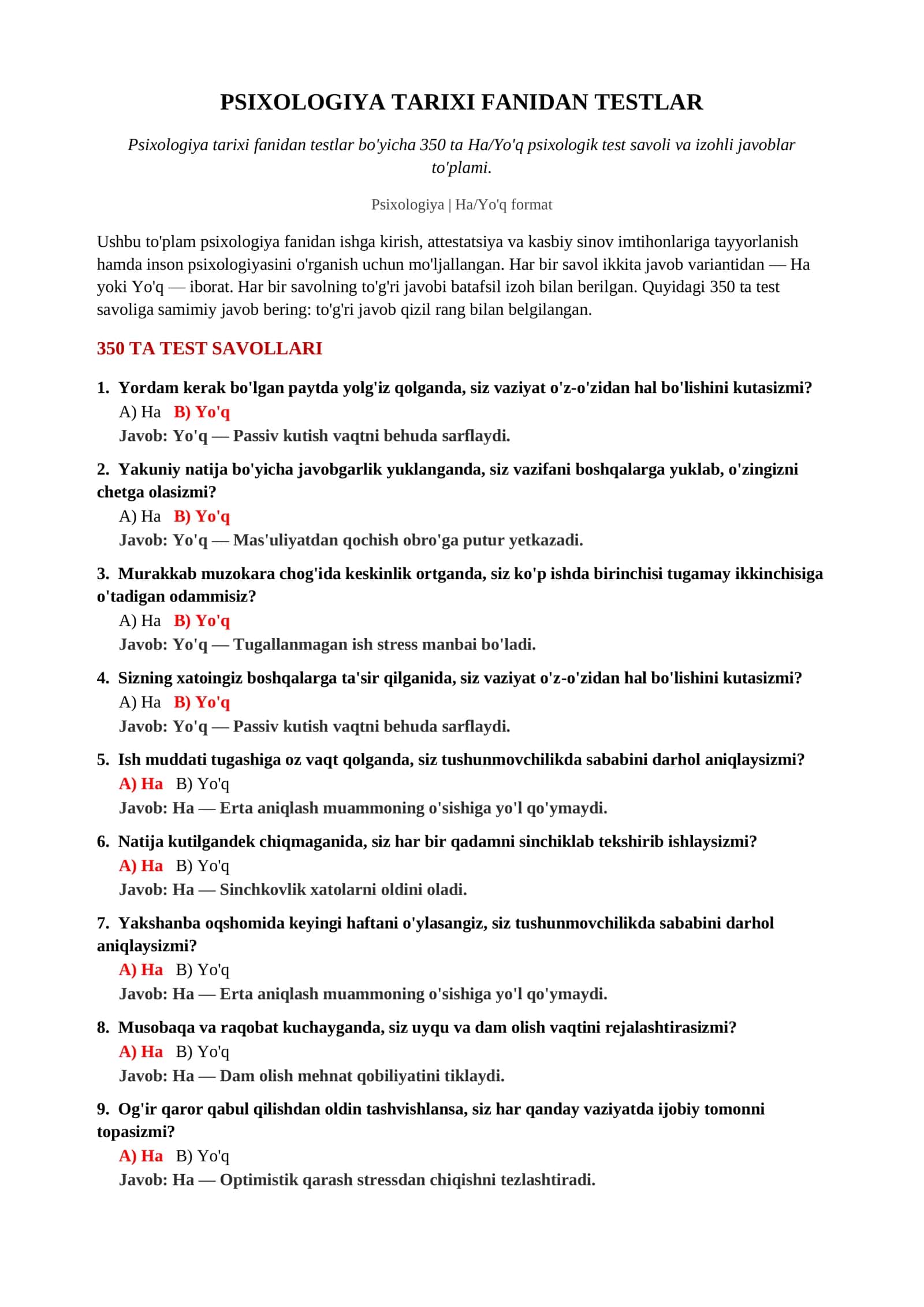 PSIXOLOGIYA TARIXI FANIDAN TESTLAR 2