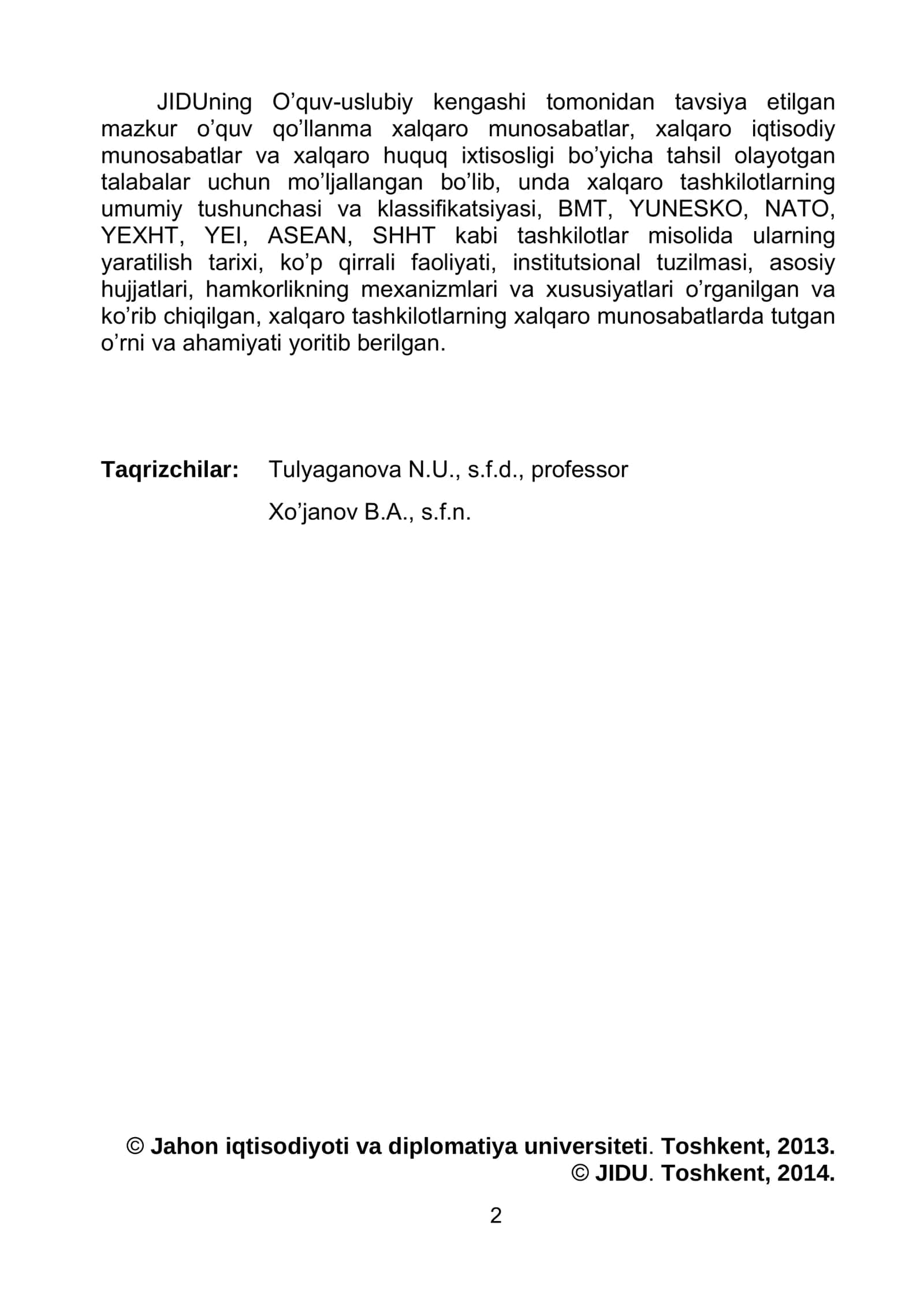 XALQARO TASHKILOTLAR O’QUV QO’LLANMA 2