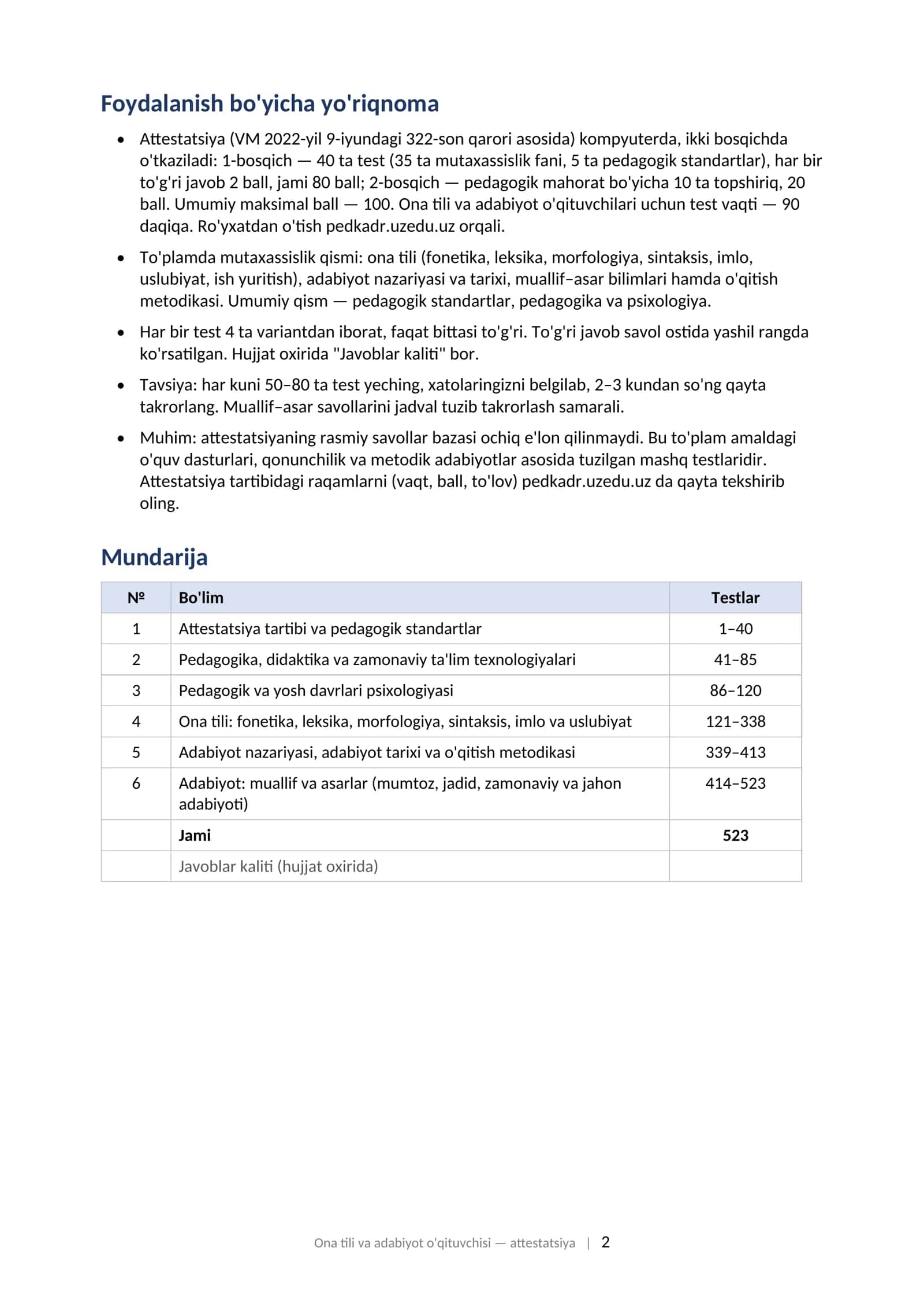 ONA TILI VA ADABIYOT O'QITUVCHISI attestatsiyasi uchun test savollari to'plami (2025–2026) 2