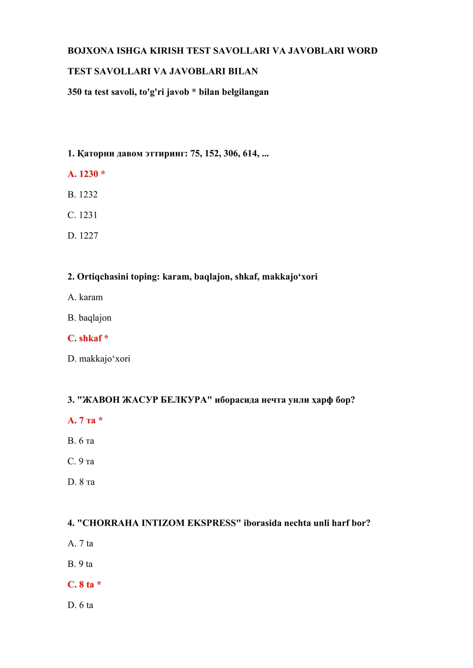 BOJXONA ISHGA KIRISH TEST SAVOLLARI VA JAVOBLARI WORD 2