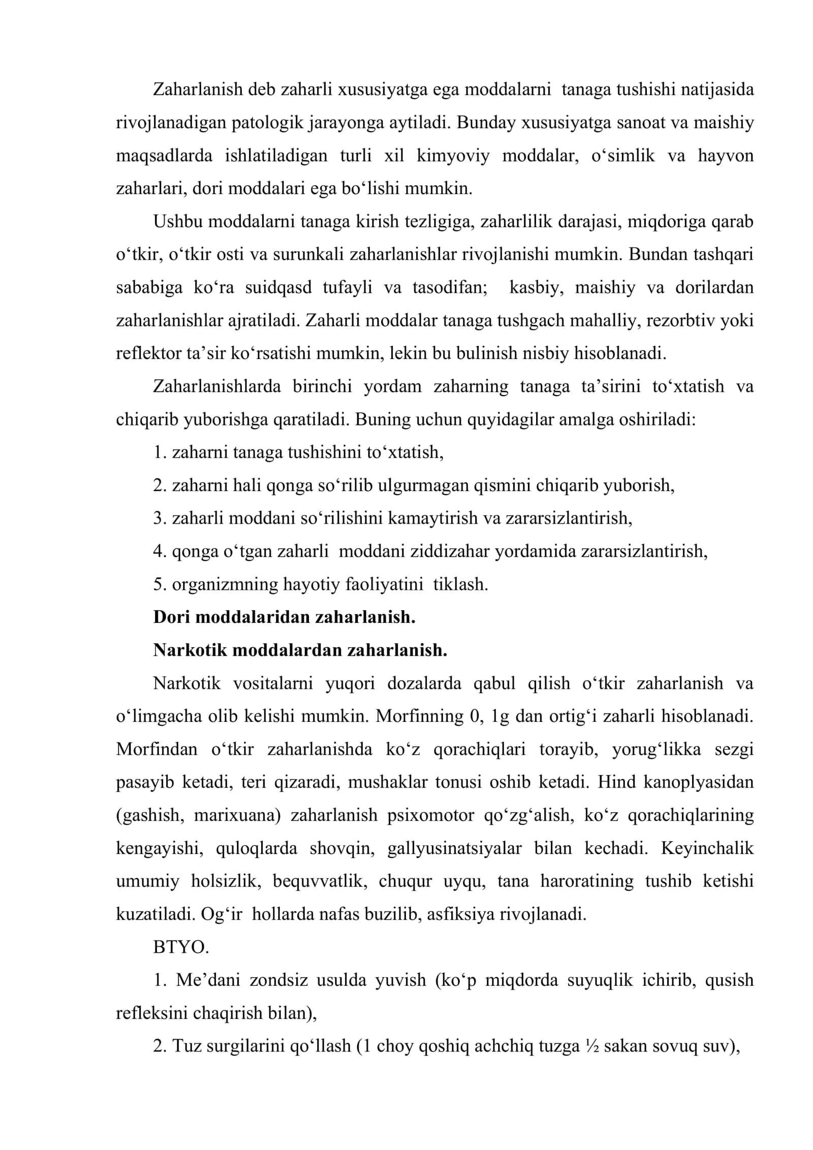 Zaxarlanishlar ilon chayon qoraqurt chaqqanda petsitsidlar zaharli o‘simliklar dorilardan zaharlanish va BTYO 2