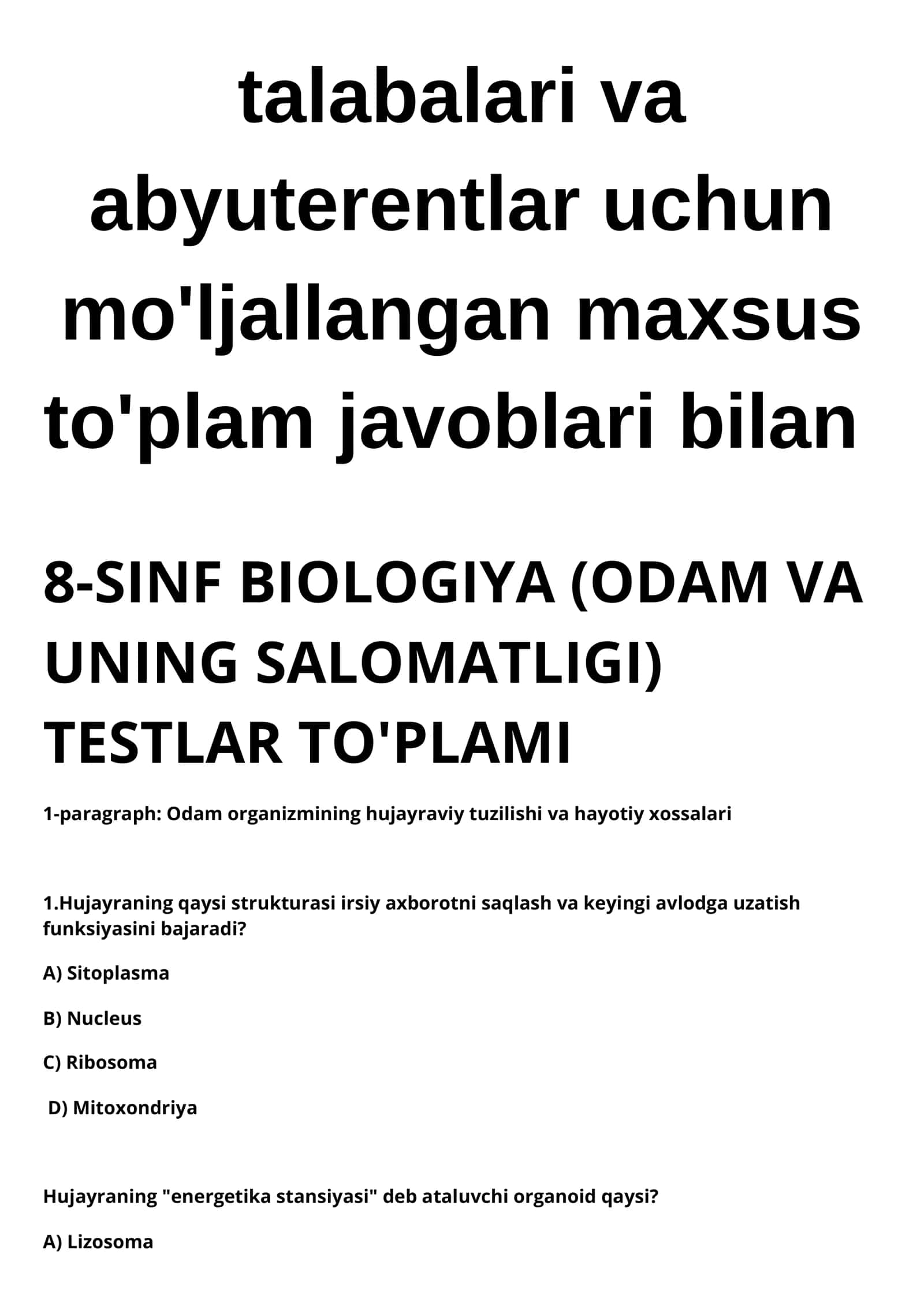 8 sinf Biologiya darsligi bo'yicha Mavzulashtirilgan Testlar, javoblari bilan birga 2