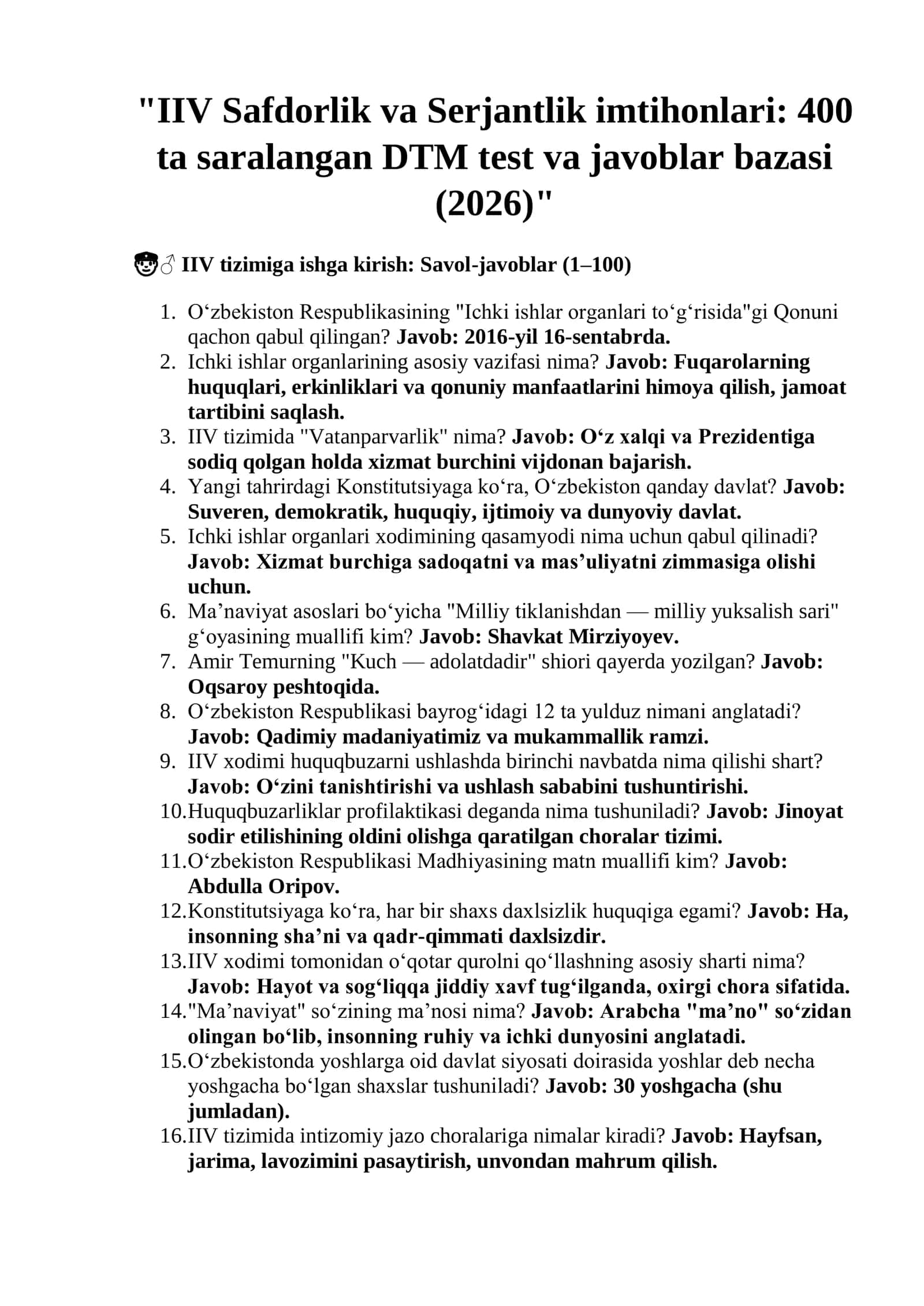 IIV Safdorlik va Serjantlik imtihonlari: 400 ta saralangan DTM test va javoblar bazasi 2