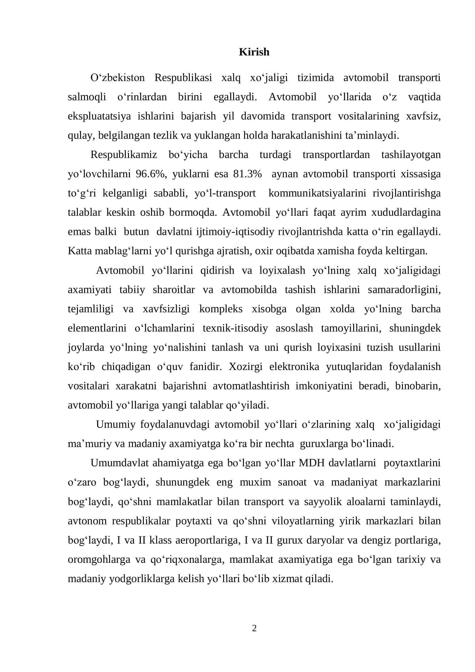 Toshkent viloyatidagi II toifadagi 4R20 “Qorasuv q.-Bo‟ka sh- Bekobod sh” avtomobil yo‟lining 39-44 km bo‟lagini joriy ta‟mirlash texnologik jarayonlarini ishlab chiqish va tashkil etish 2
