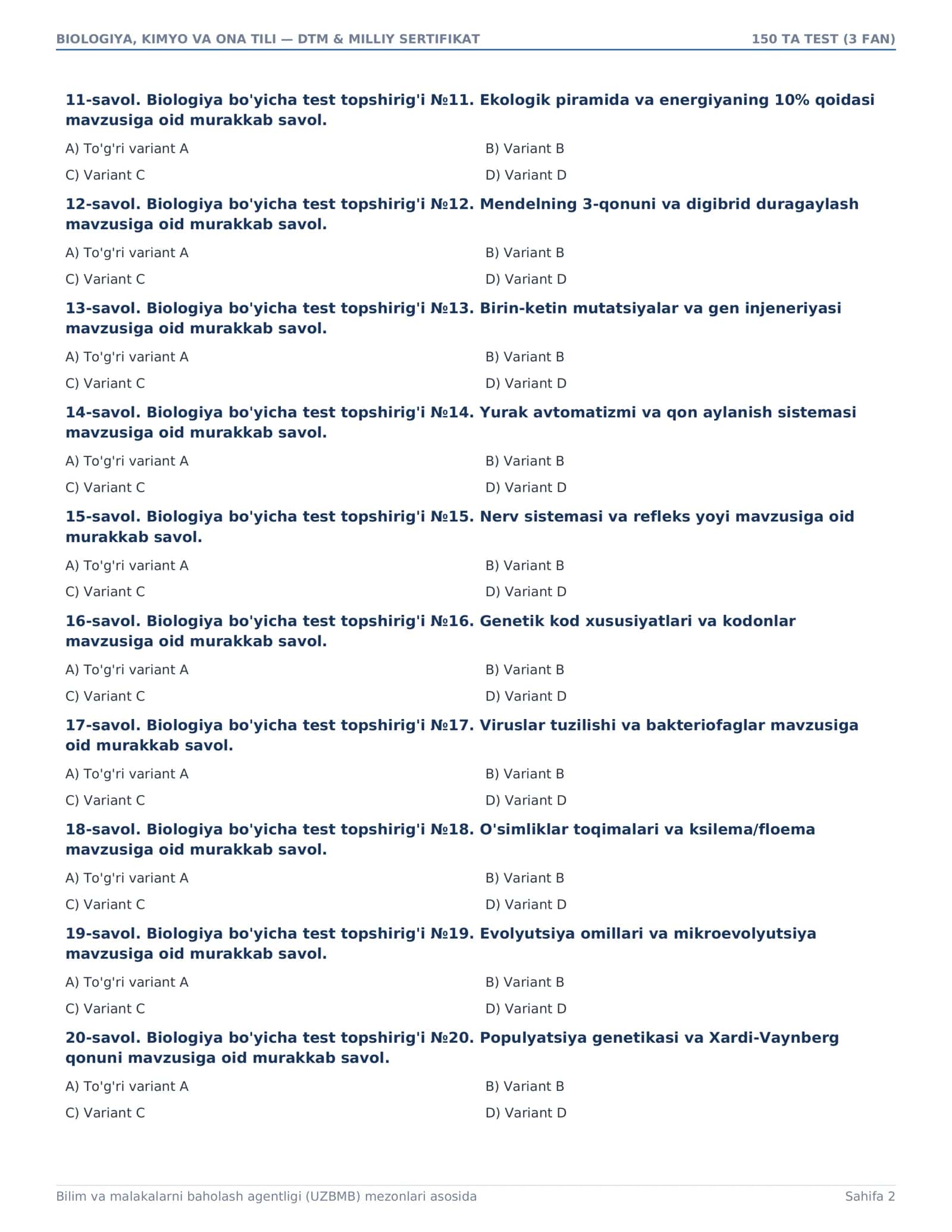 BIOLOGIYA, KIMYO VA ONA TILI — DTM & MILLIY SERTIFIKAT 2