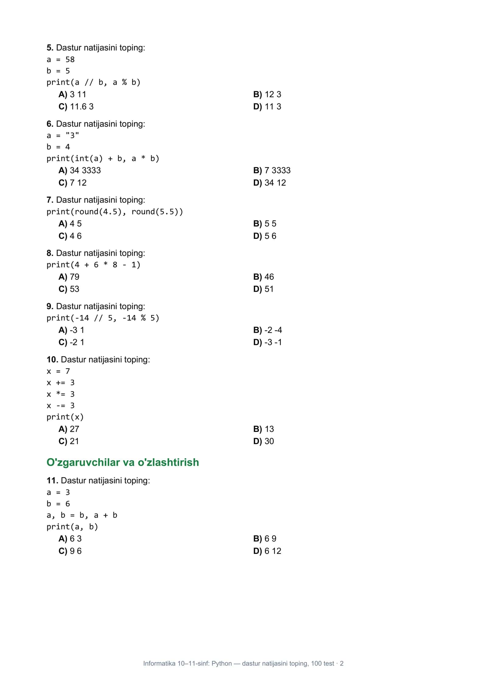 Informatika 10–11-sinf: Python — dastur natijasini toping, 100 test 2