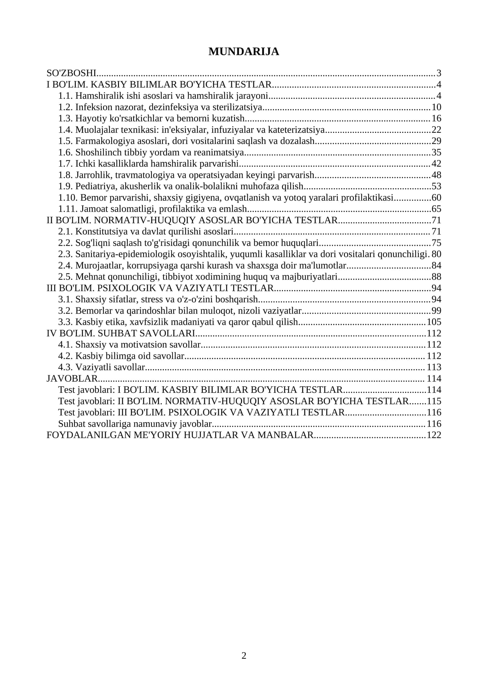HAMSHIRALIK ISHI BO'YICHA TEST SAVOLLARI VA JAVOBLARI. 1000 ta savol va javoblar (testlar) 2