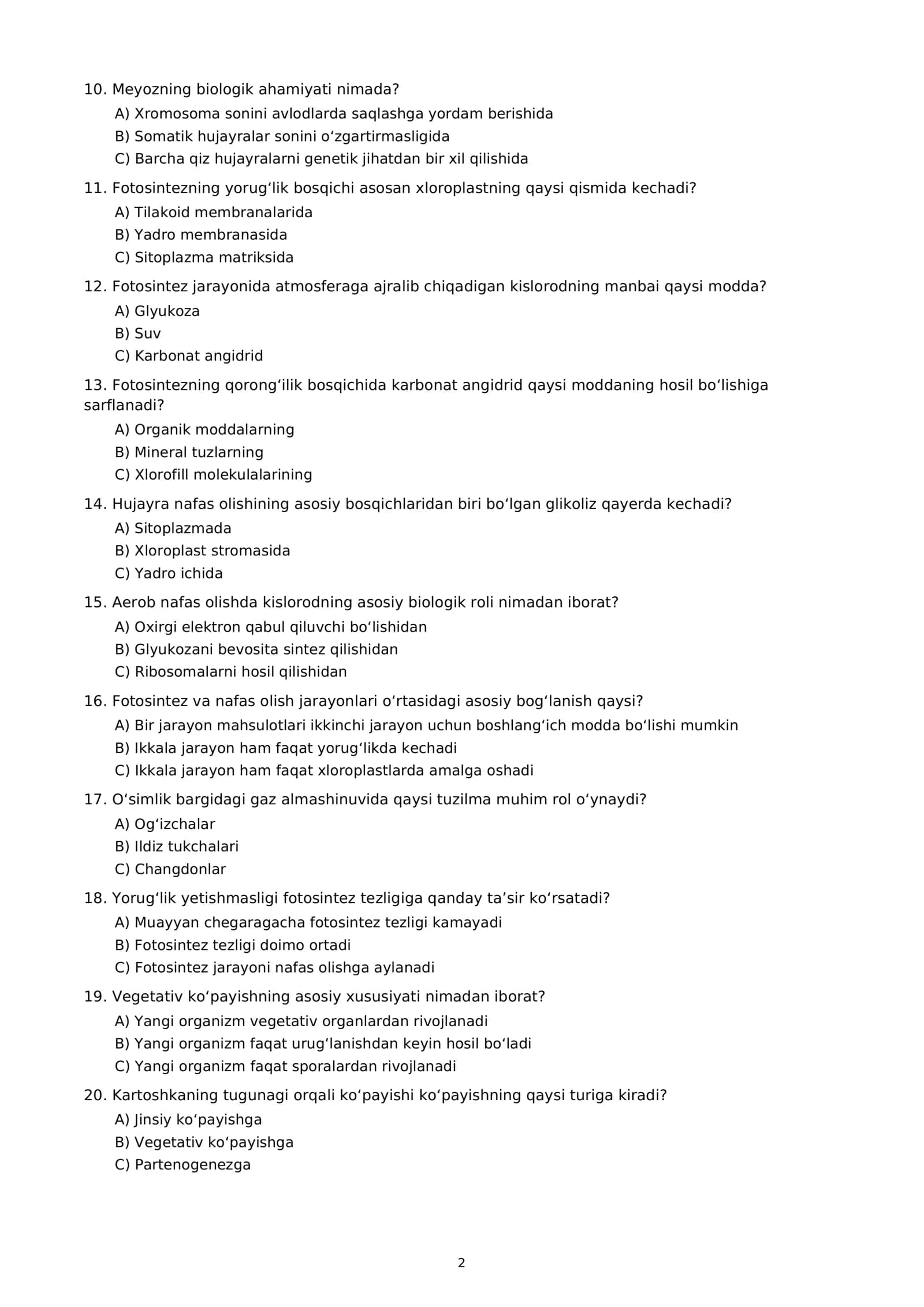 Argos Biologiya 10-11 sinf 100ta test 2