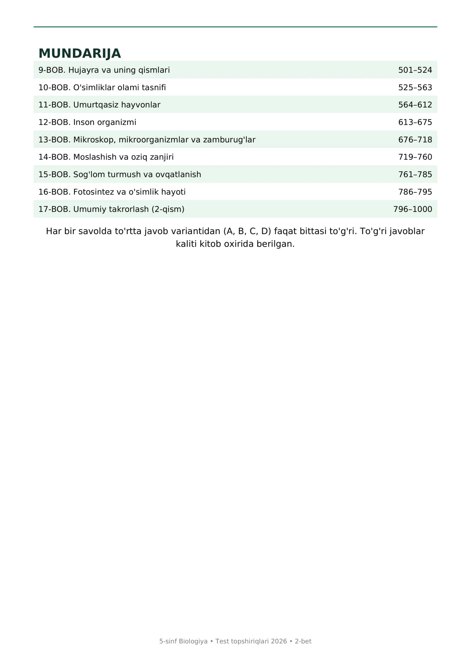 5-sinf BIOLOGIYA FANIDAN TEST TOPSHIRIQLARI 2