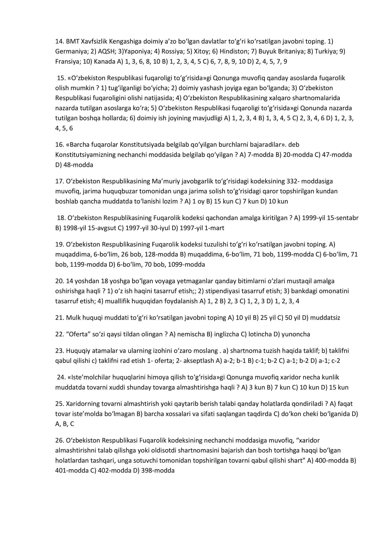Huquqdan 30 talik test 2