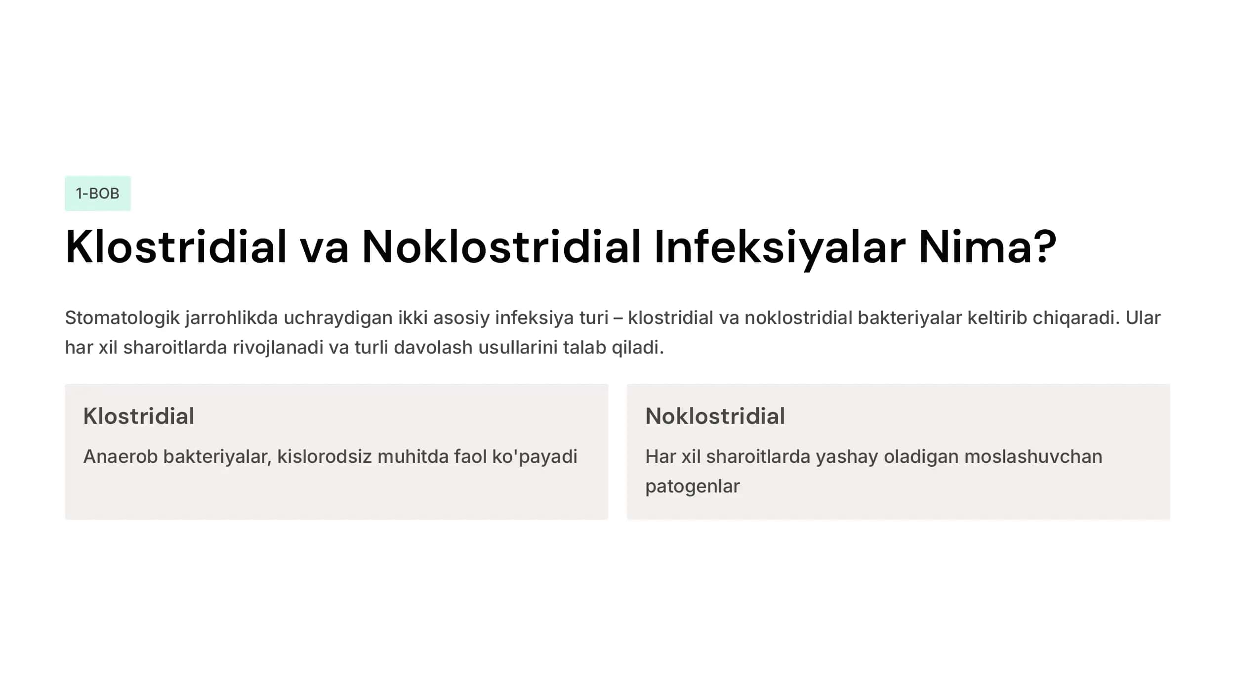 Stomatologiyada  klostridial va  noklostridial  infeksiyalar.  Operasiyadan keyingi infeksiyalar.  Jarohatlarning  zararlanishiga olib  keluvchi omillar.  Jarrohlik infeksiyalarining  asosiy  qoʻzgʻatuvchilari.  Odontogen osteomielit 2