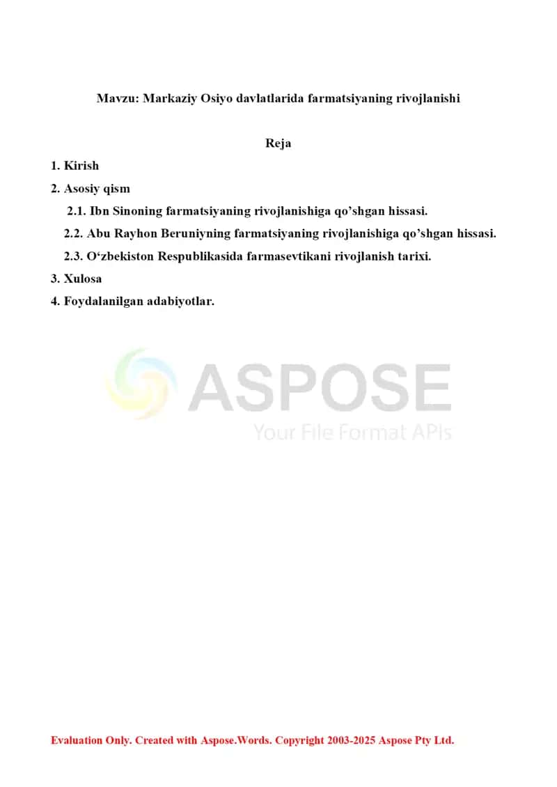 9. Markaziy Osiyo davlatlarida farmatsiyaning rivojlanishi. Referat 12 bet. 2