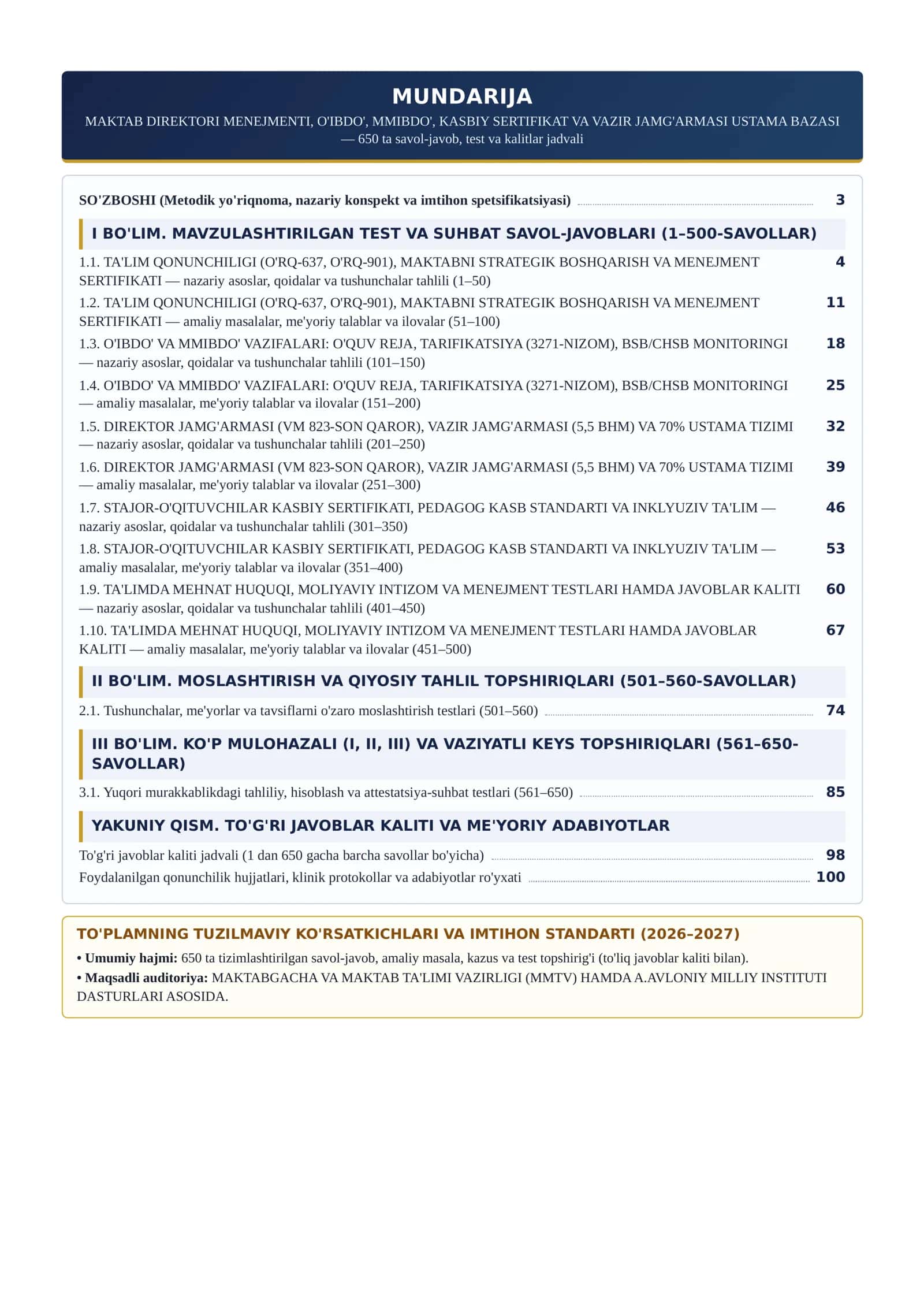 Maktab Direktori OIBDO MMIBDO Menejment Kasbiy Sertifikat va Vazir Jamgarmasi 650 Test 2026 2