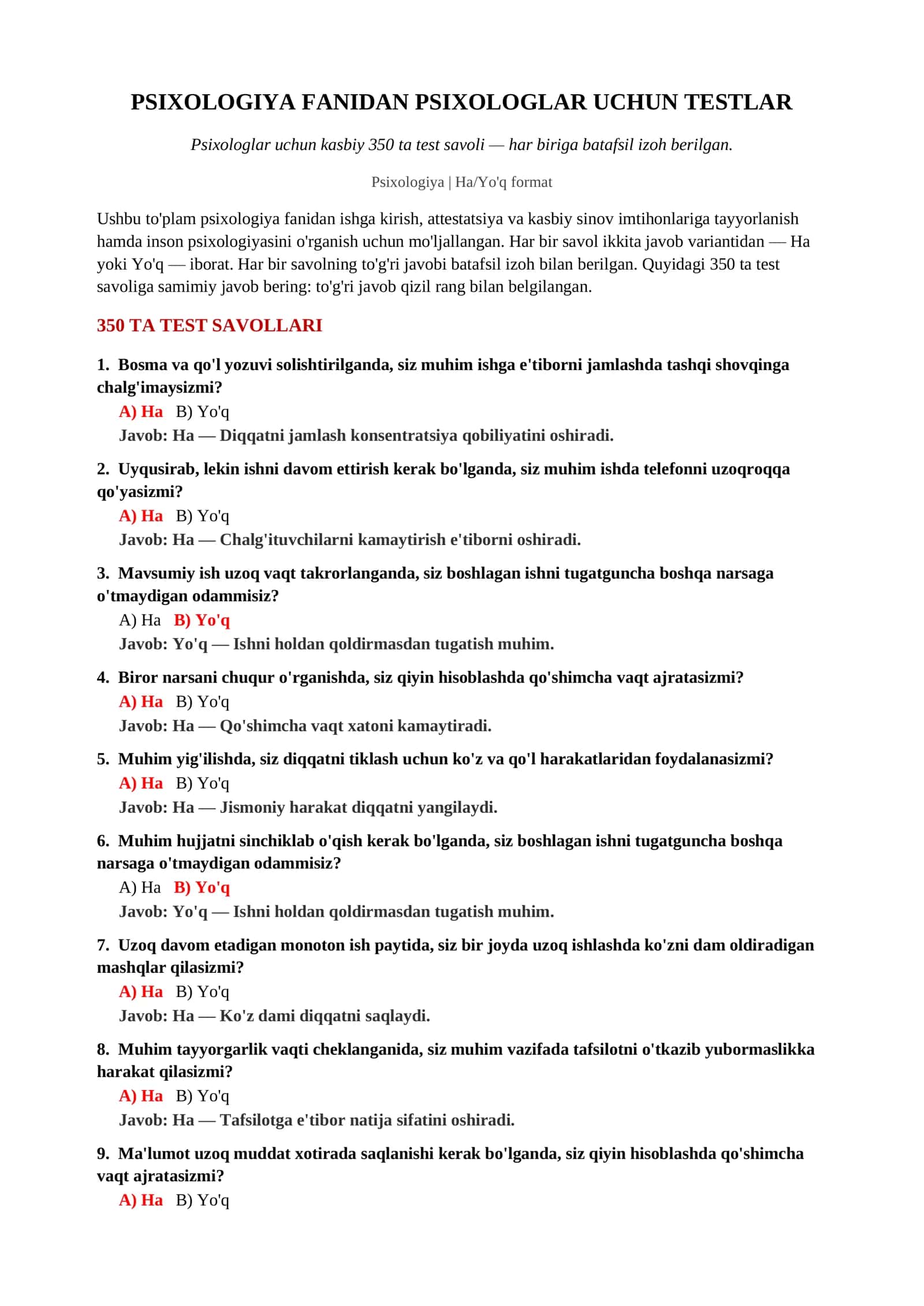 PSIXOLOGIYA FANIDAN PSIXOLOGLAR UCHUN TESTLAR 2