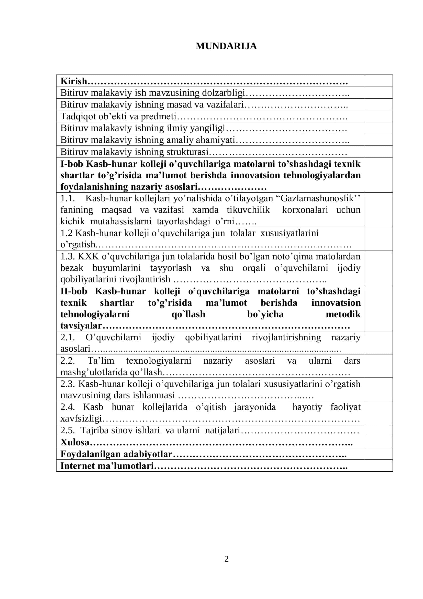 Jun tolalari xususiyatlarini o’rgatish orqali kasb-hunar kolleji o’quvchilarida ijodiy qobilyatlarini rivojlantirish mavzuidagi BITIRUV MALAKAVIY ISHI 2