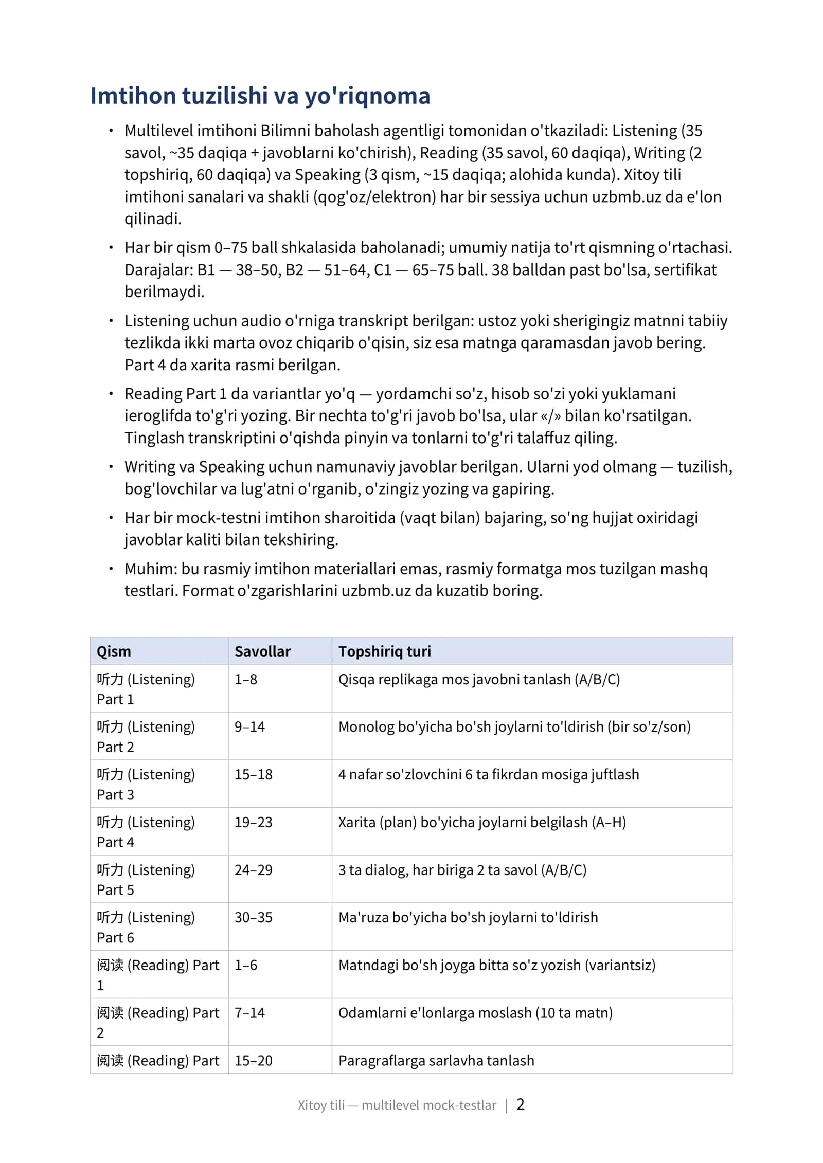 XITOY TILI (中文) Multilevel (CEFR) milliy sertifikat imtihoniga tayyorgarlik: mock-testlar to'plami (2025–2026) 2