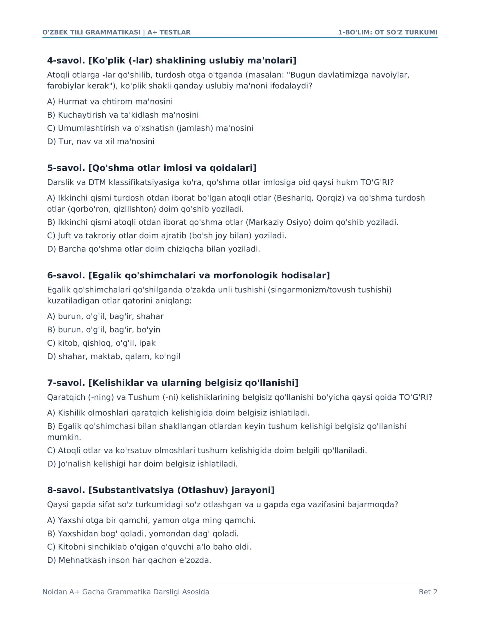 O'zbek Tili Grammatikasi: A+ Nazorat Testlari 2