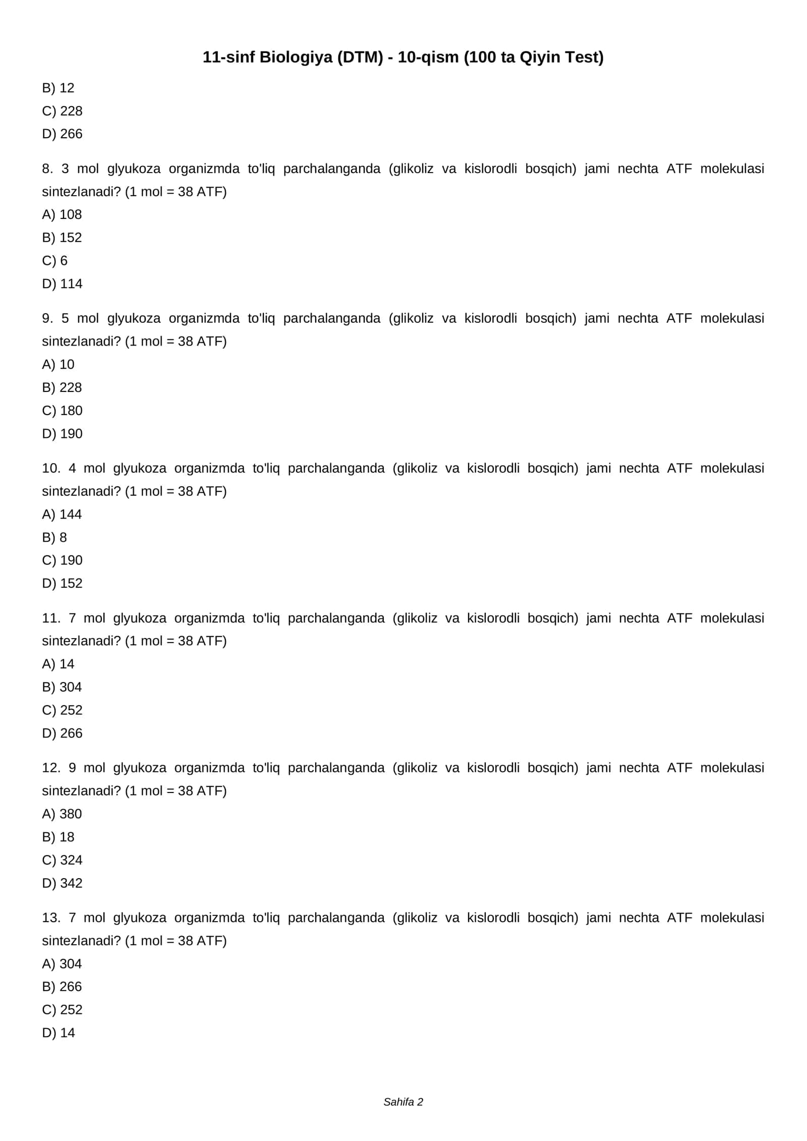 11-sinf Biologiya (DTM) - 10-qism (100 ta Qiyin Test) 2