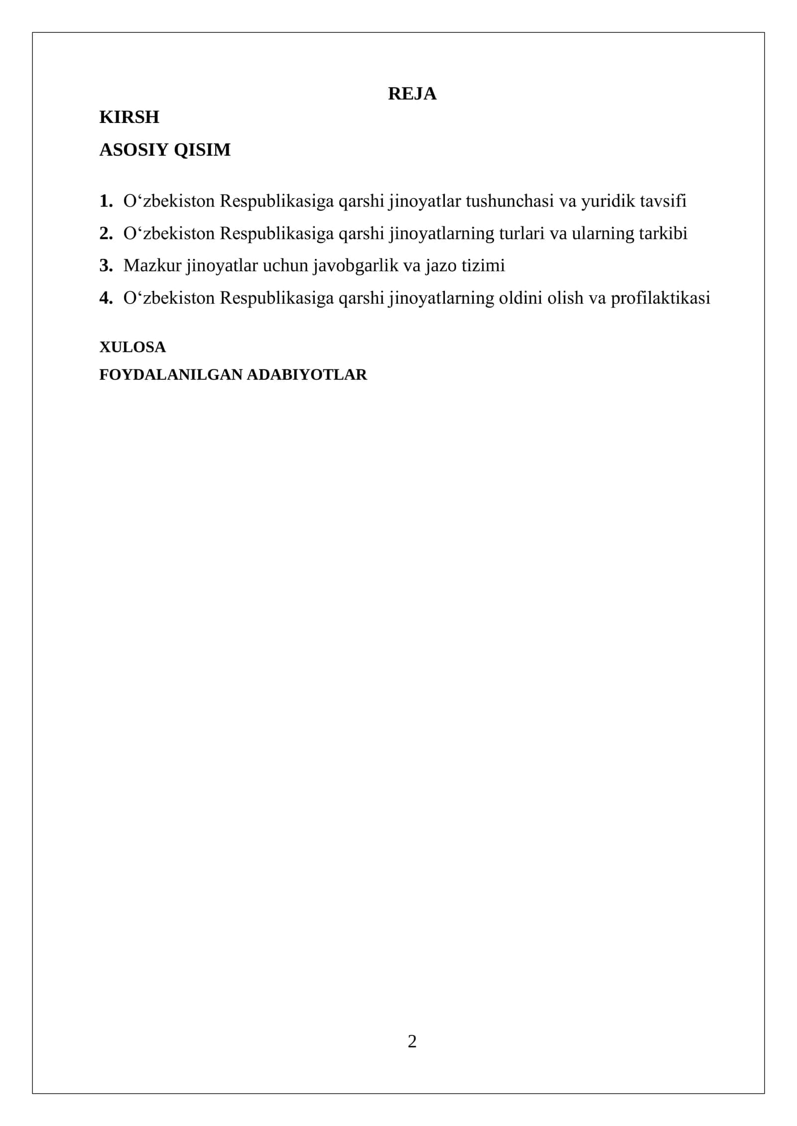 “OʻZBEKISTON RESPUBLIKASIGA QARSHI JINOYATLAR” mavzusida tayyorlagan KURS ISHI 2