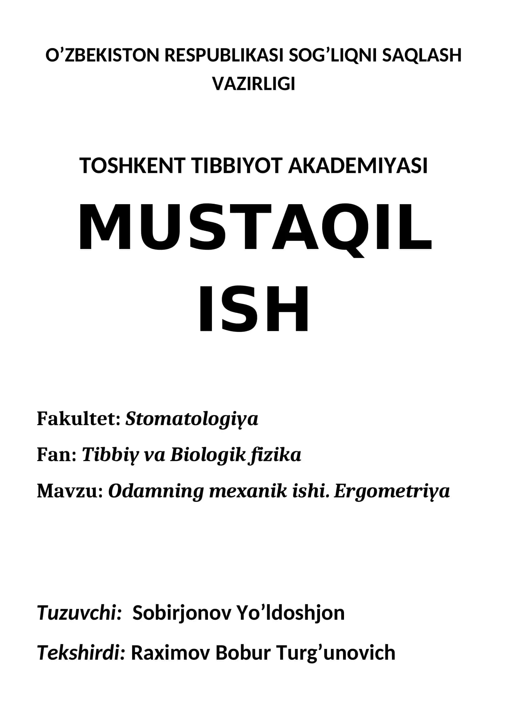 Odamning mexanik ishi. Ergometriya 2