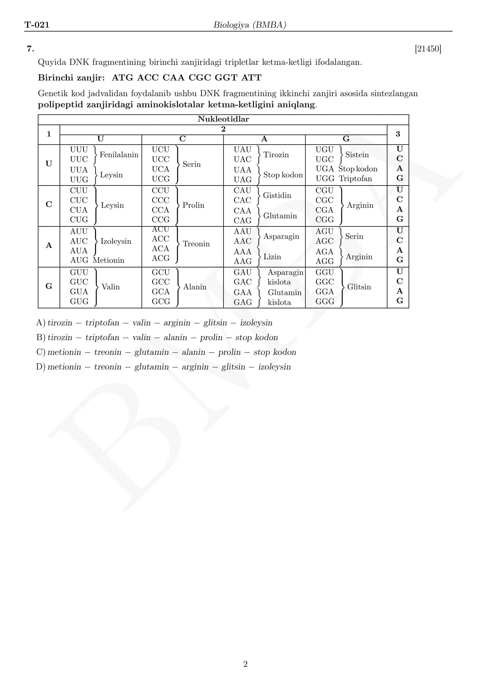 Biologiya Milliy sertifikat test 2