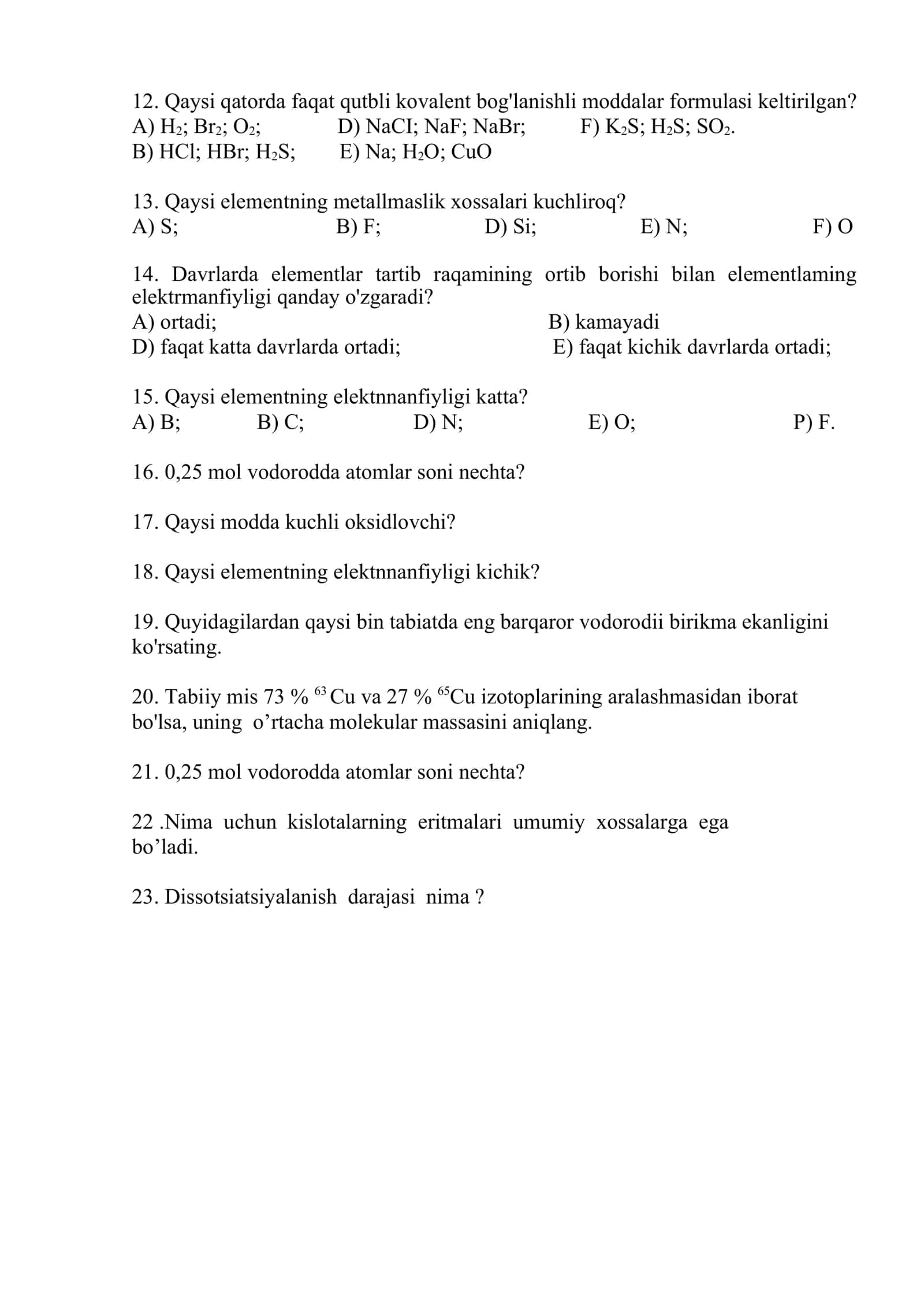 kimyo fanidan 9 - sinflar uchun testlar 2
