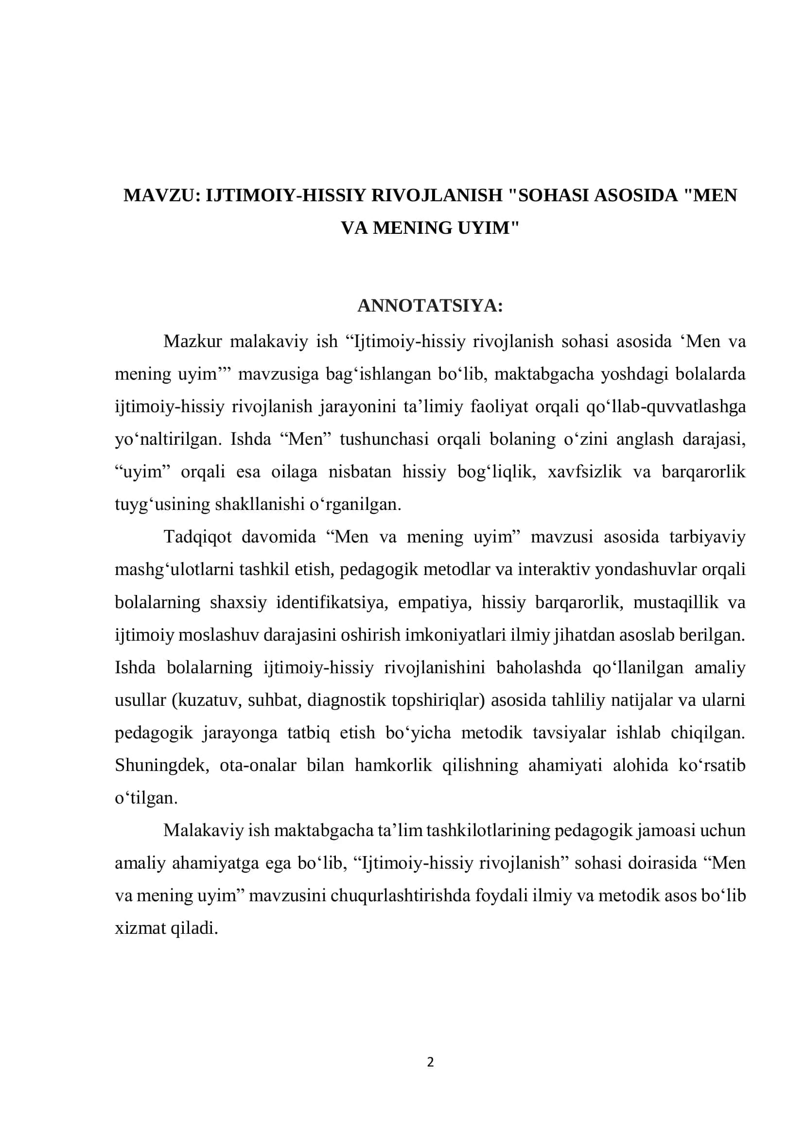 IJTIMOIY-HISSIY RIVOJLANISH "SOHASI ASOSIDA "MEN VA MENING UYIM" 2