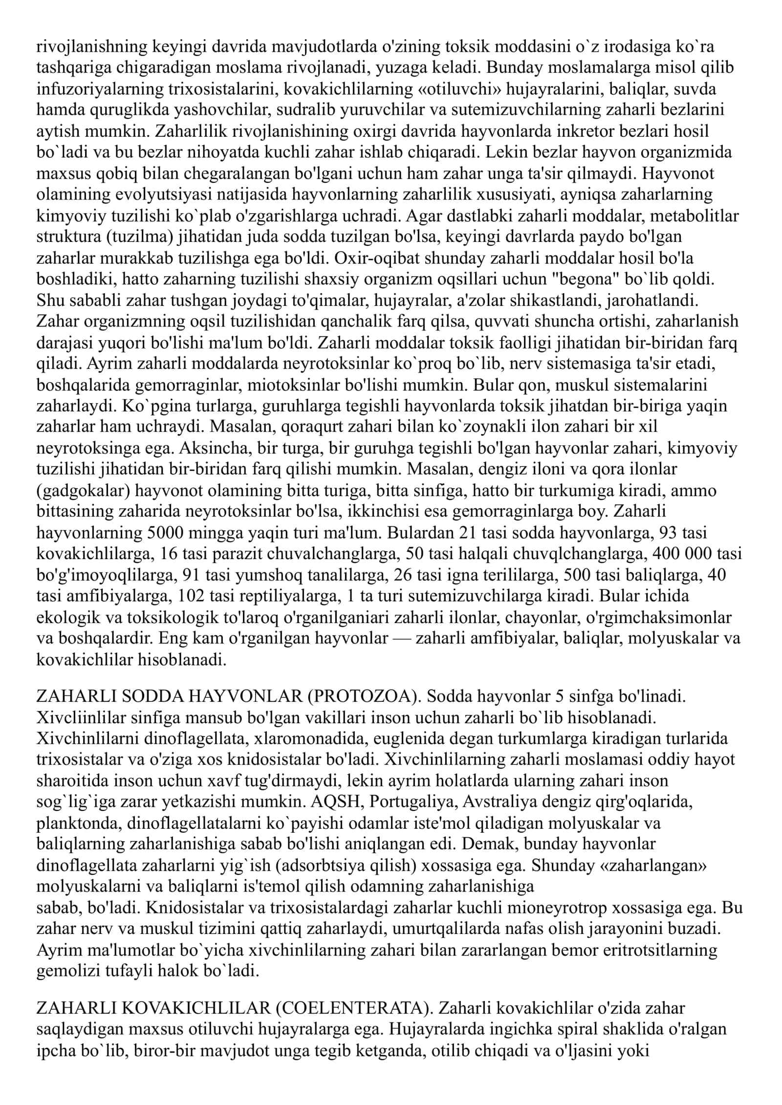 Zaharli hayvonlar. Zaharli hayvonlar zahri bilan
zaharlanganda birinchi yordam berishni o’rganish. 2