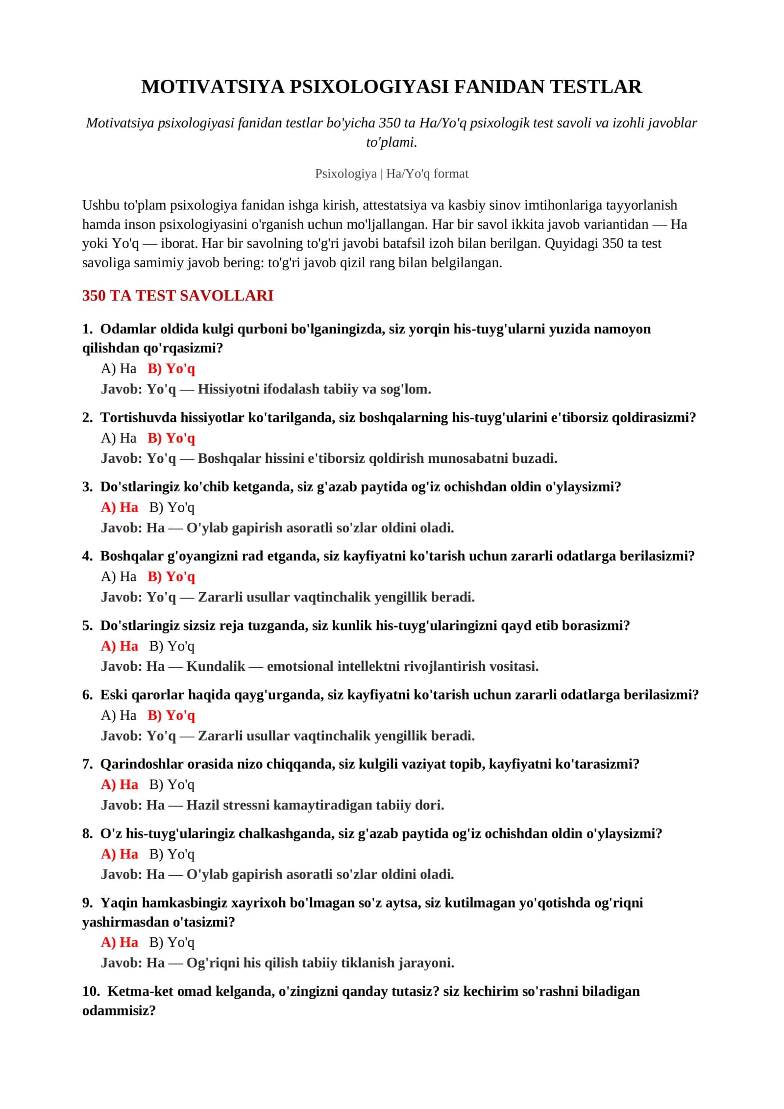 MOTIVATSIYA PSIXOLOGIYASI FANIDAN TESTLAR 2