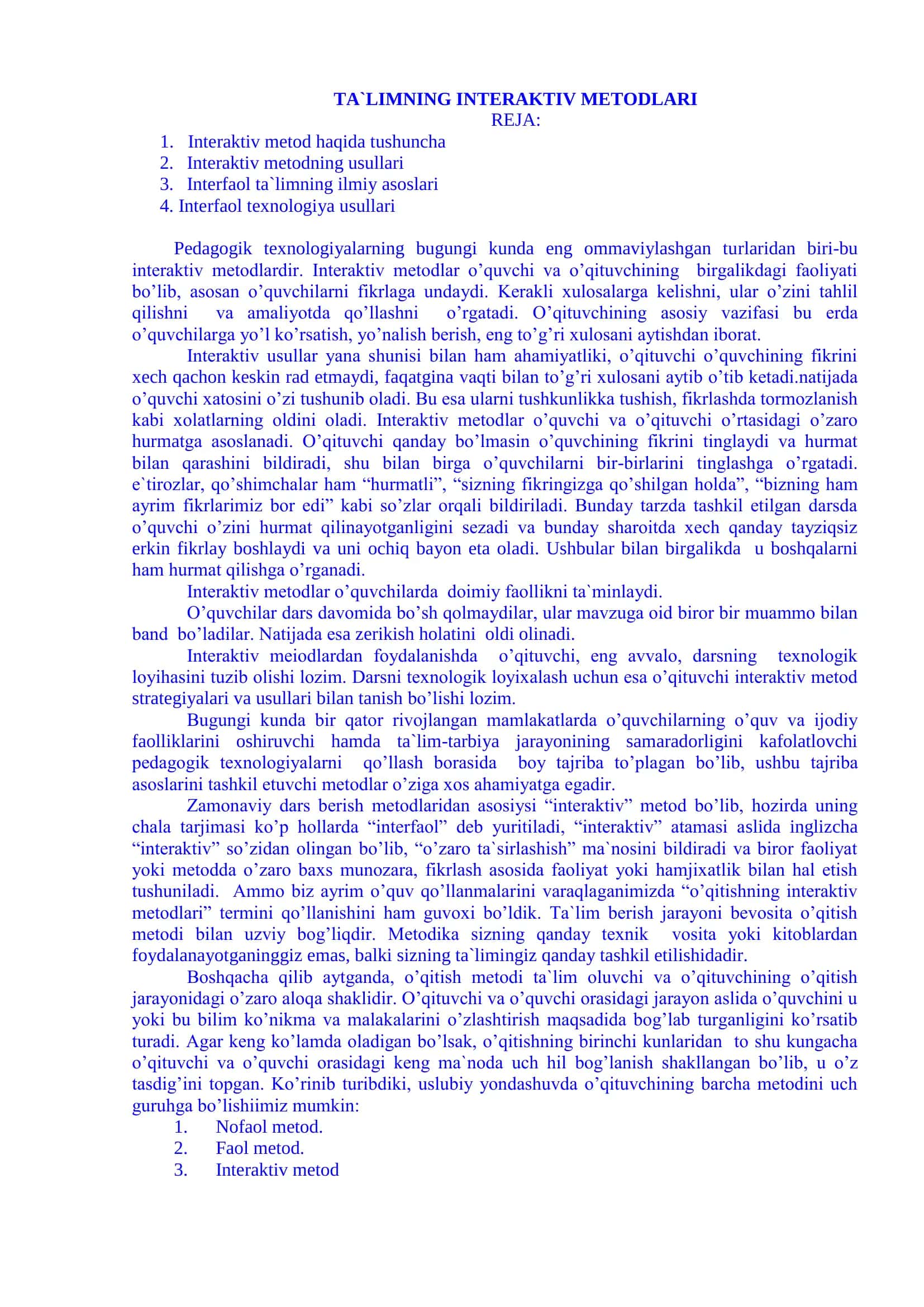 “Maktabgacha ta’lim va bolalar sporti” ta’lim yo`nalishi 3-kurs talabasi Kurbanova Zarnigorning “Pedagogik texnologiyalar” fanidan tayyorlagan R E F E R AT I 2