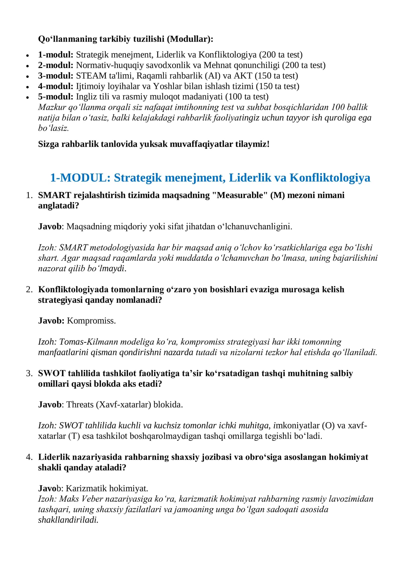 KELAJAK MARKAZI DIREKTORI LAVOZIMIGA NOMZODLAR UCHUN  INTEGRALLASHGAN RASMIY TESTLAR BAZASI  800+ KUZGI MAVSUM 2026 YIL 2